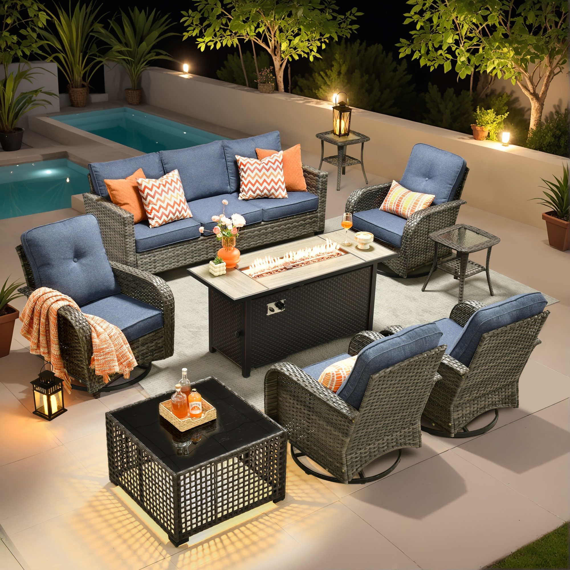 weaxty HMB8503YZGNCRS310S1 Initial 8 -Piece Wicker Patio Sofa Conversation Set with Blue Cushions