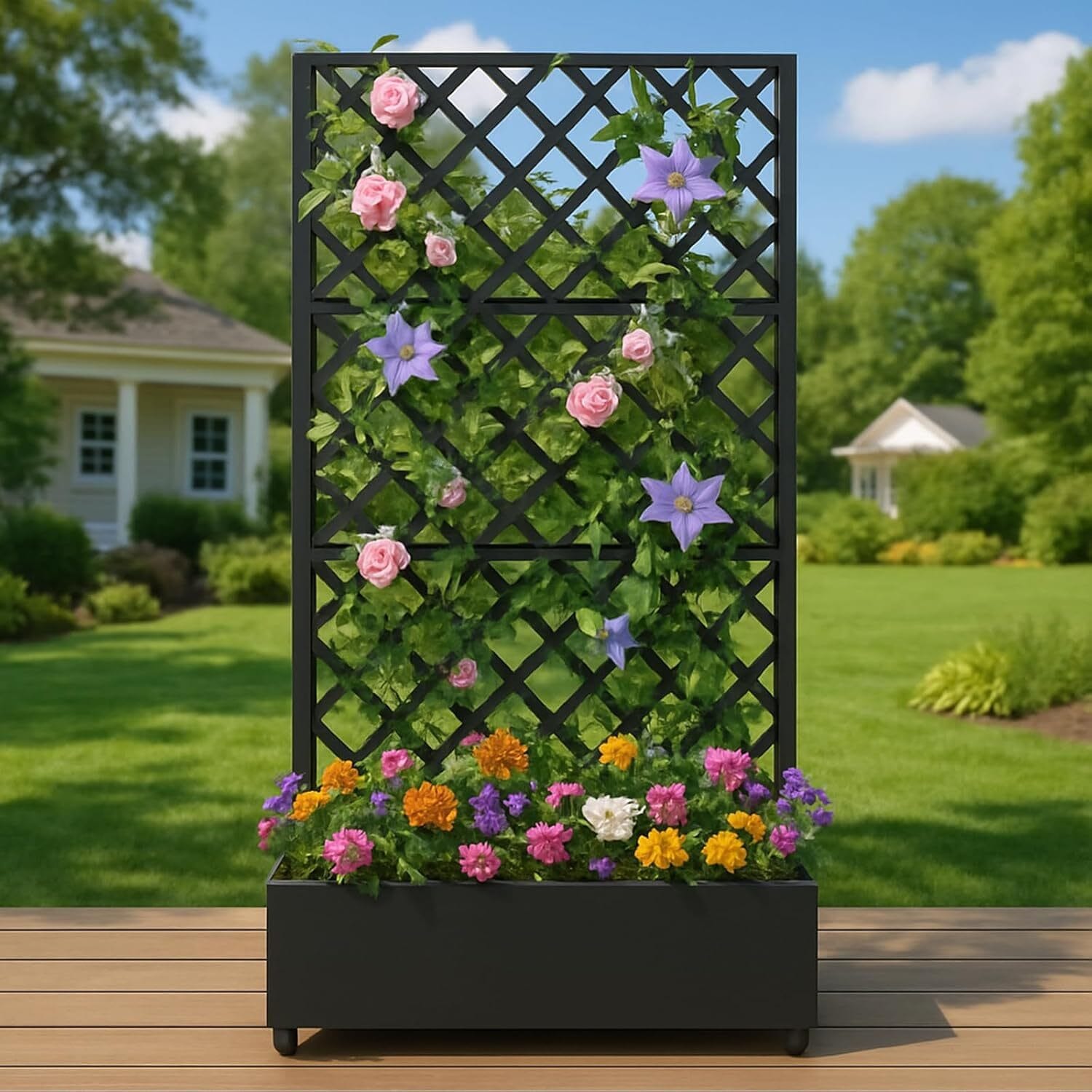 Qeetex GGL-PPG-33NUQWST Metal Planter Box Galvanized Raised Garden Bed with Wheels Trellis 72inx47in Planter Box for Climbing Plants Vines Flowers Black