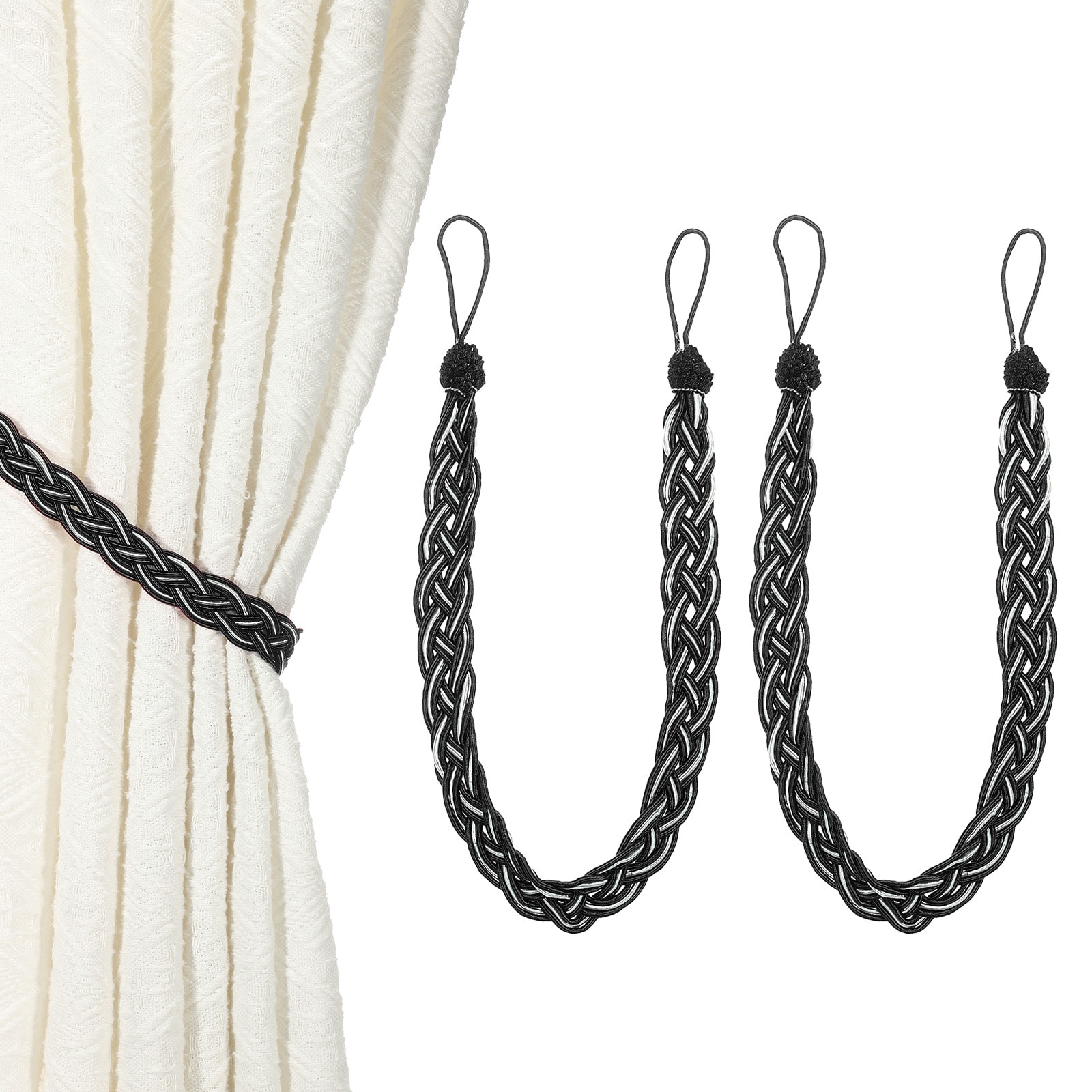 Unique Bargains S25093001UX5271 2pcs Curtain Tiebacks 56cm/22 Inch Braided Drapery Holdback Holder Curtain Ties Holdbacks Elegant Window Decorative Rope Tie Back for Home Office Hotel Decor Black