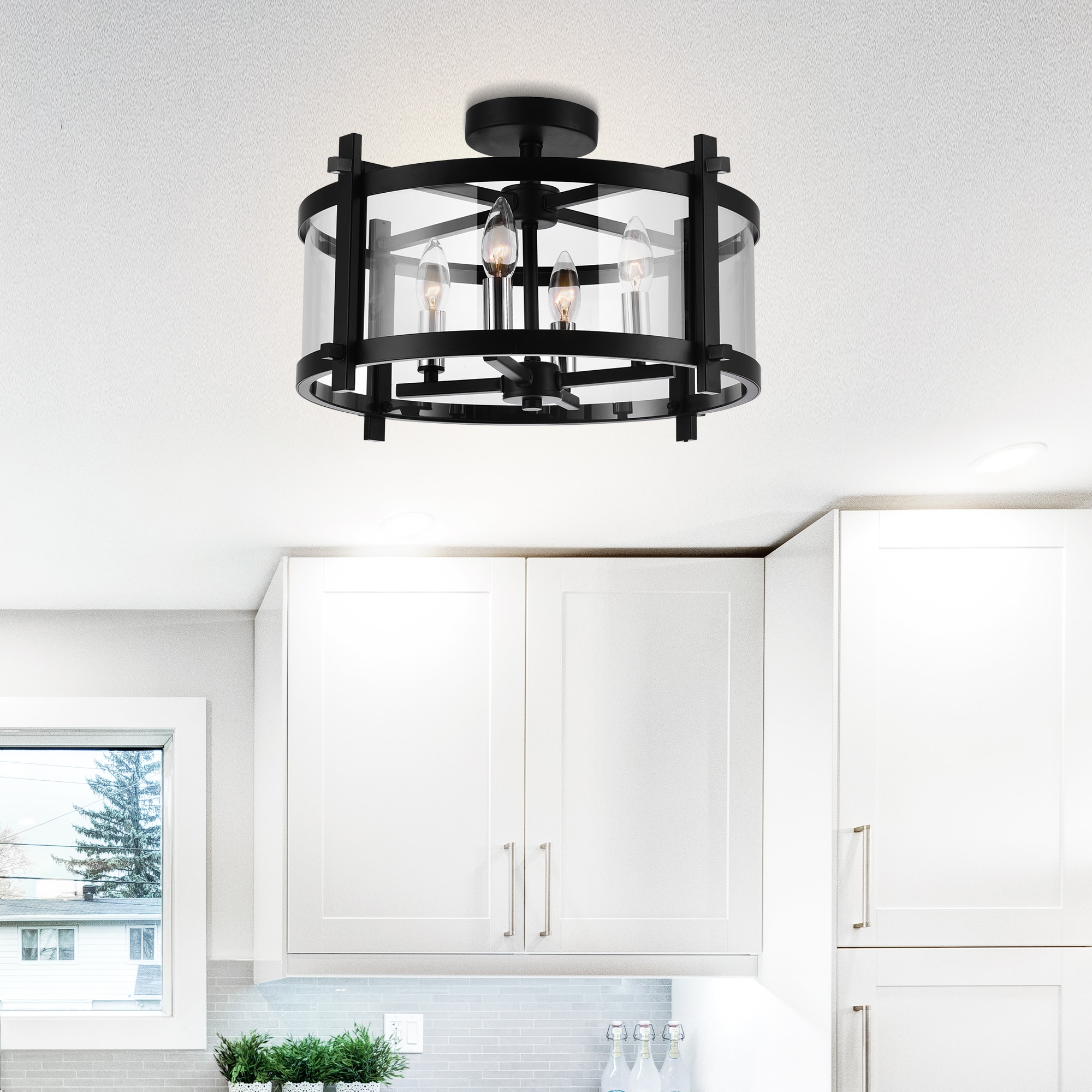 Black Steel and Glass Drum Semi Flush Mount Light
