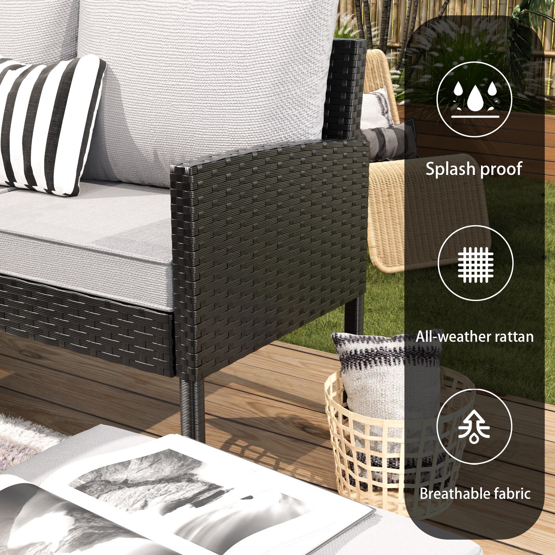 Close-up of dark woven rattan arm of outdoor sofa with cushions