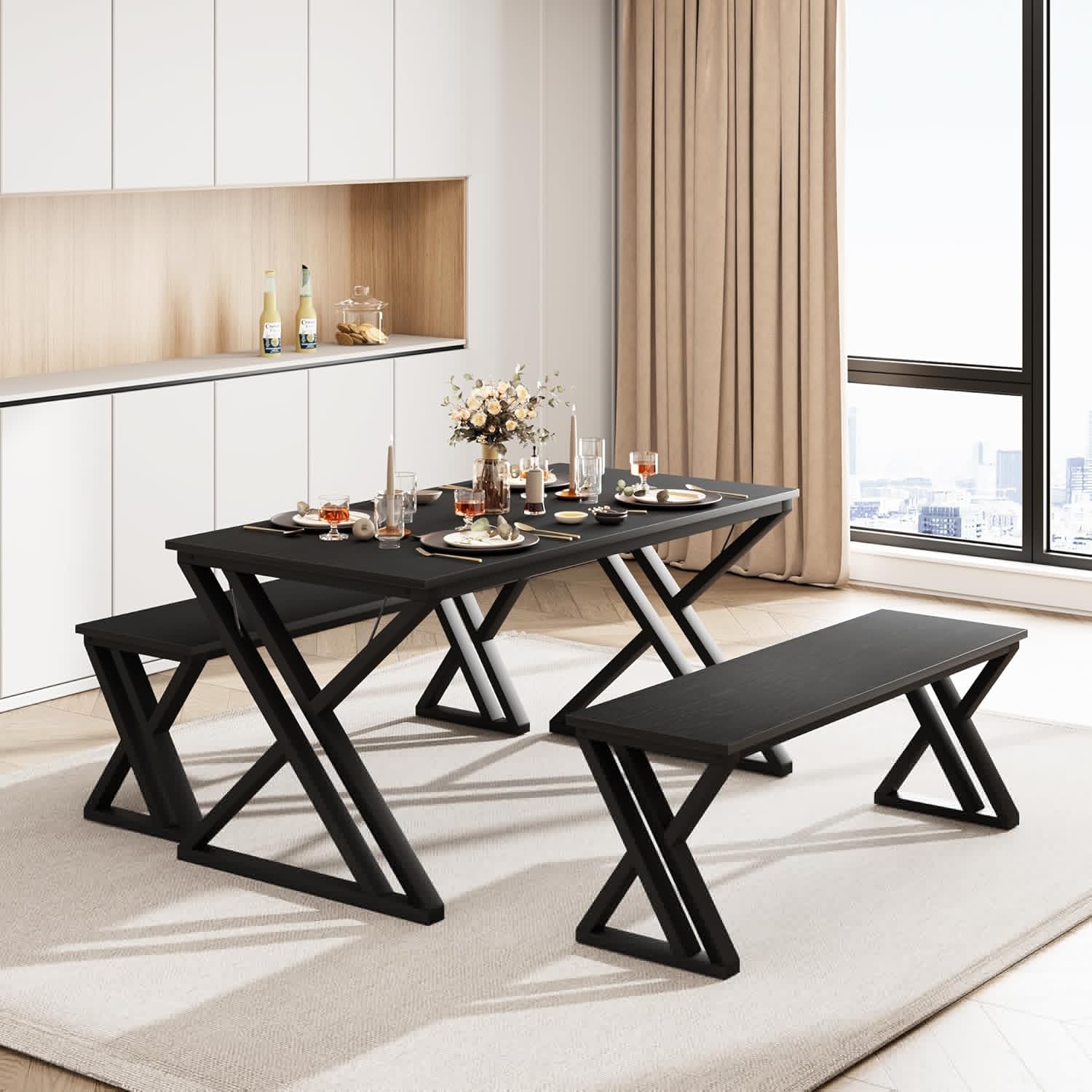 Garvee Kitchen Table with 2 Benches Dining Table Set for 4 Saving Space Dining Room Table Set for Kitchen Dining Room Apartment Sturdy Metal Frame Black