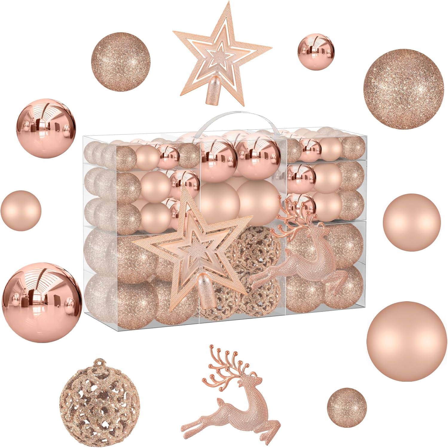Etokfoks  102 Piece Rose Gold Shatterproof Plastic Christmas Ornament Set Includes Tree Topper Reindeer Shapes Matte Glossy Glitter 3cm 4cm 6cm