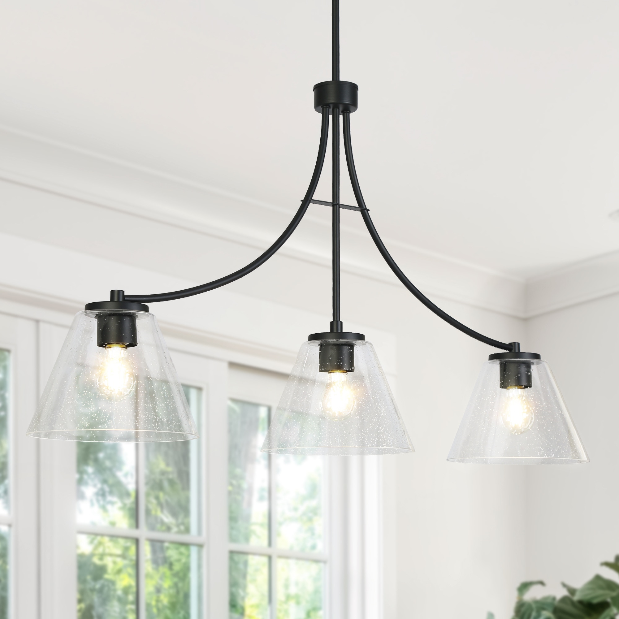 LNC LE7ZFFV5412I9C Pulpmille 3 -Light 42''L Matte Black and Seeded Glass Farmhouse Seeded glass Linear Large Hanging Kitchen island light