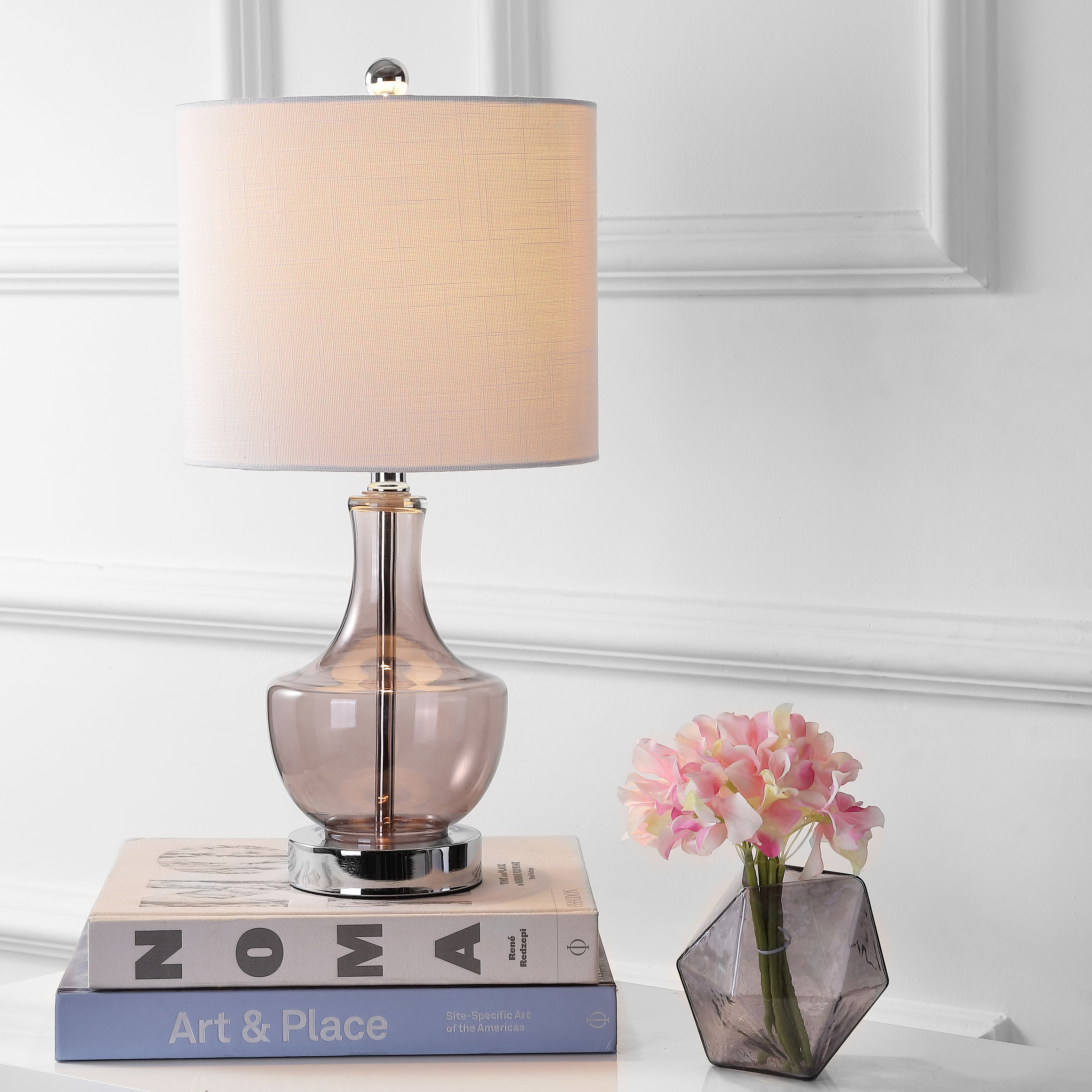 JONATHAN  Y JYL1029D Colette Mini Glass Transitional/Glam 20-in Smoke Gray LED Incandescent Rotary socket Table Lamp with Linen Shade