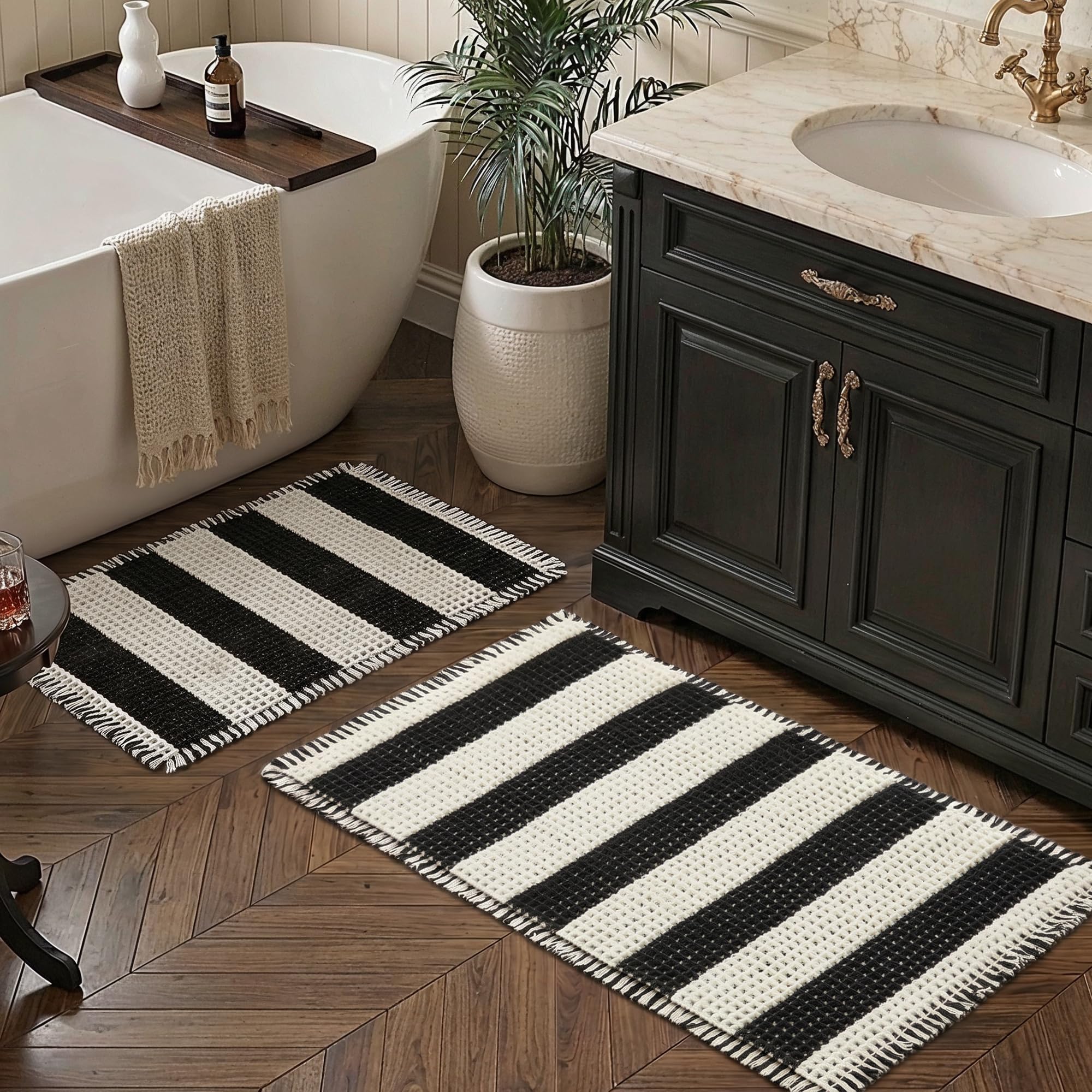 PUPWE Checkered Waffle Bath Mat 2 Piece Set Non Slip Ultra Absorbent Quick Dry Washable Tassel Bathroom Rug
