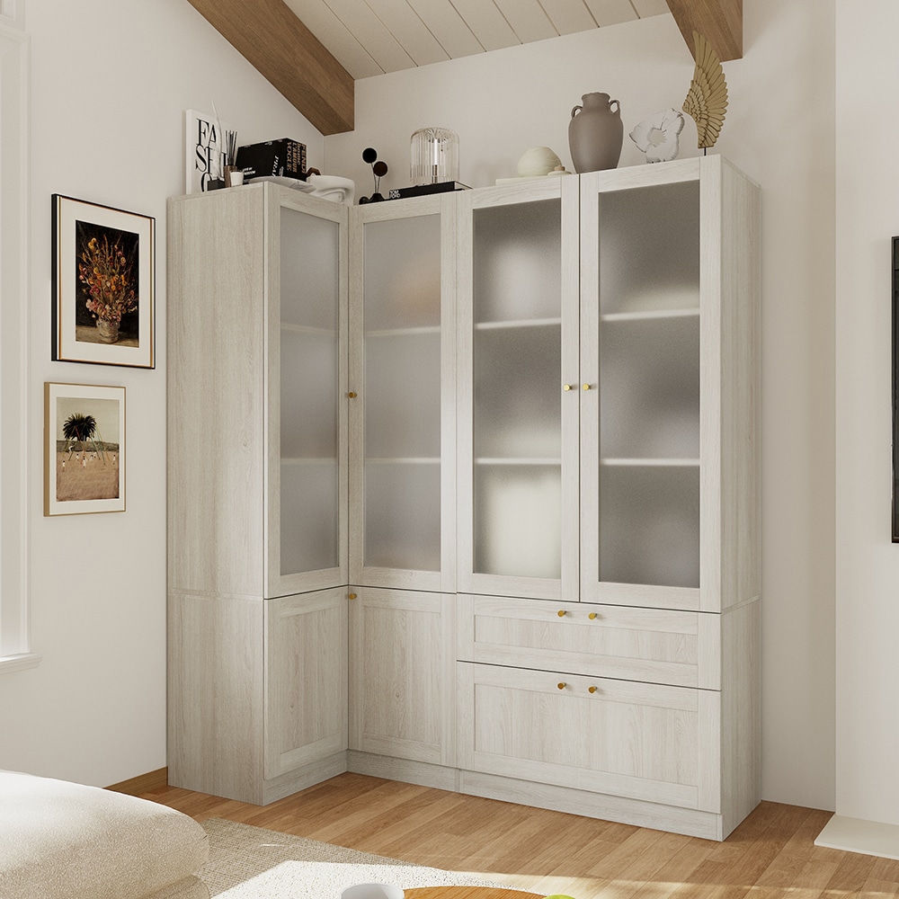 Homsee V-KF020521+523 Modern Corner Bookcase with Glass Paneled Doors Adjustable Shelves Drawers Light Wood Finish Gold Tone Hardware for Living Room Study