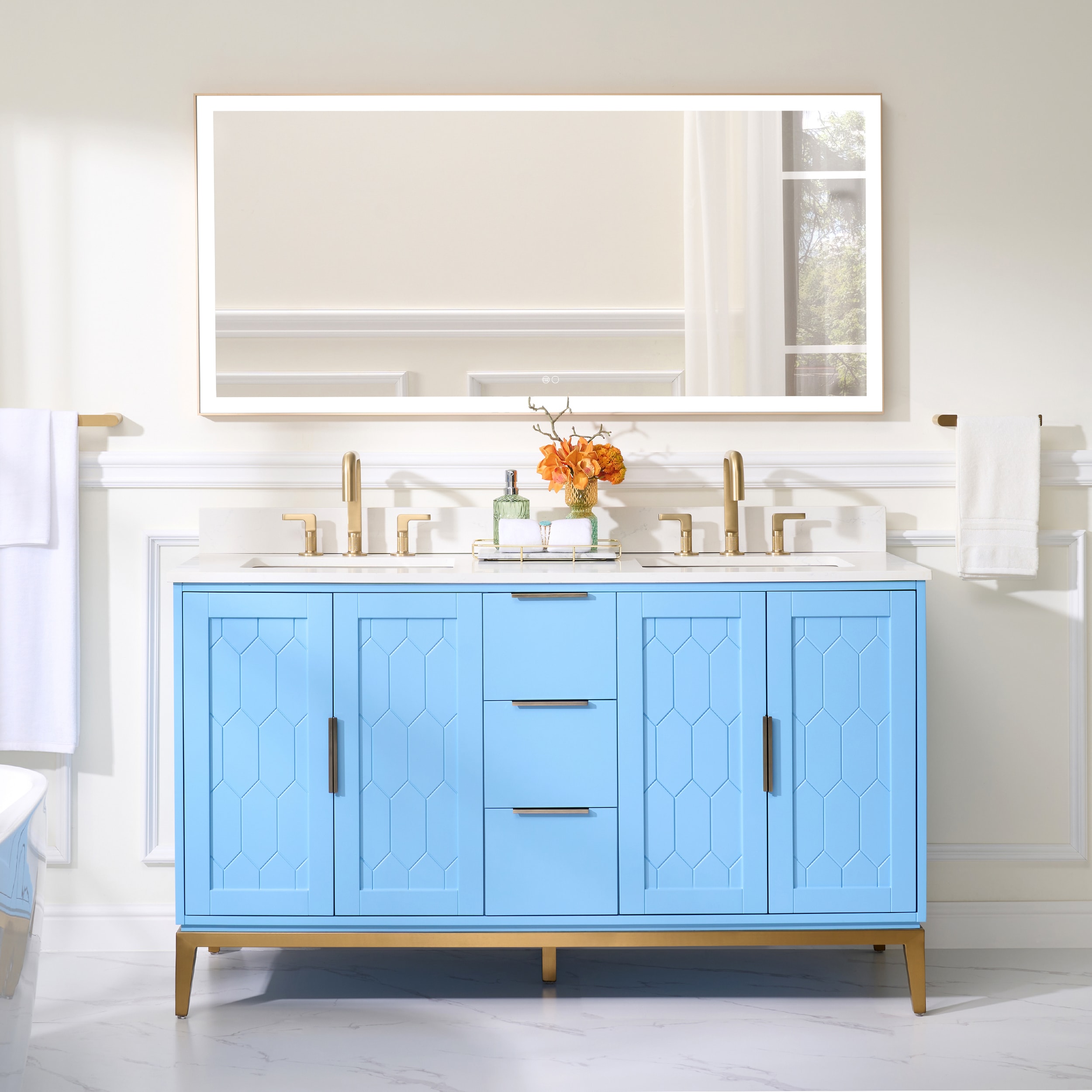 Alison 60-in Bathroom Vanities with Top 60-in Classic Blue Undermount Double Sink Bathroom Vanity with Carrera White Quartz Top | - WELLFOR VEX-48MGY