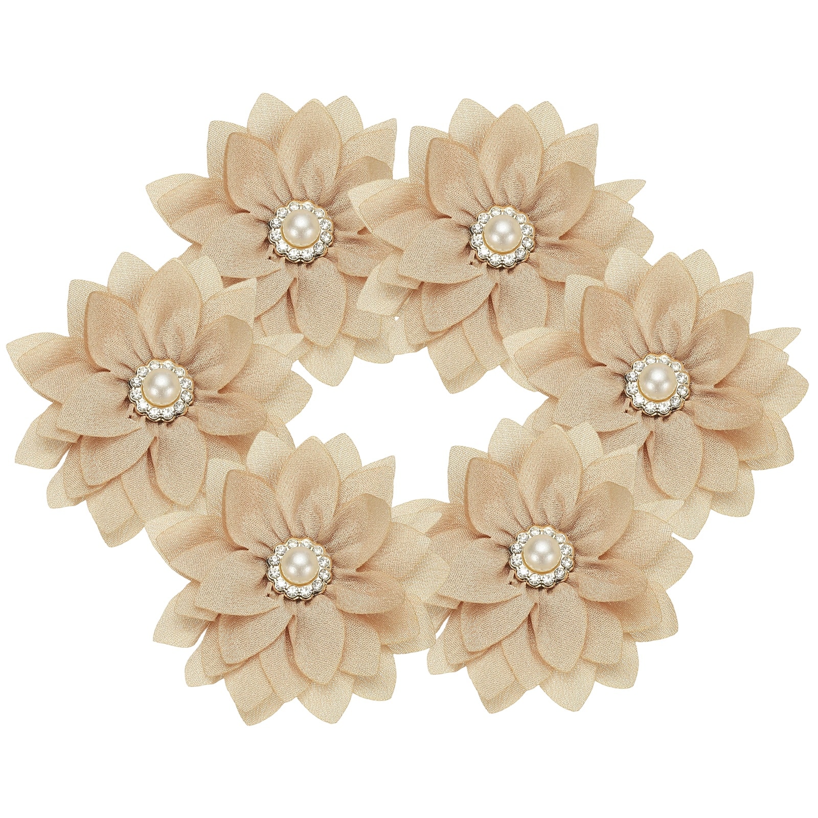 PATIKIL 2.36 in Rhinestone Chiffon Flower 6pcs Fabric Flowers Rhinestone Pearl Sewing Appliques for DIY Crafts Dresses Clothing Headbands Wedding Decoration Beige