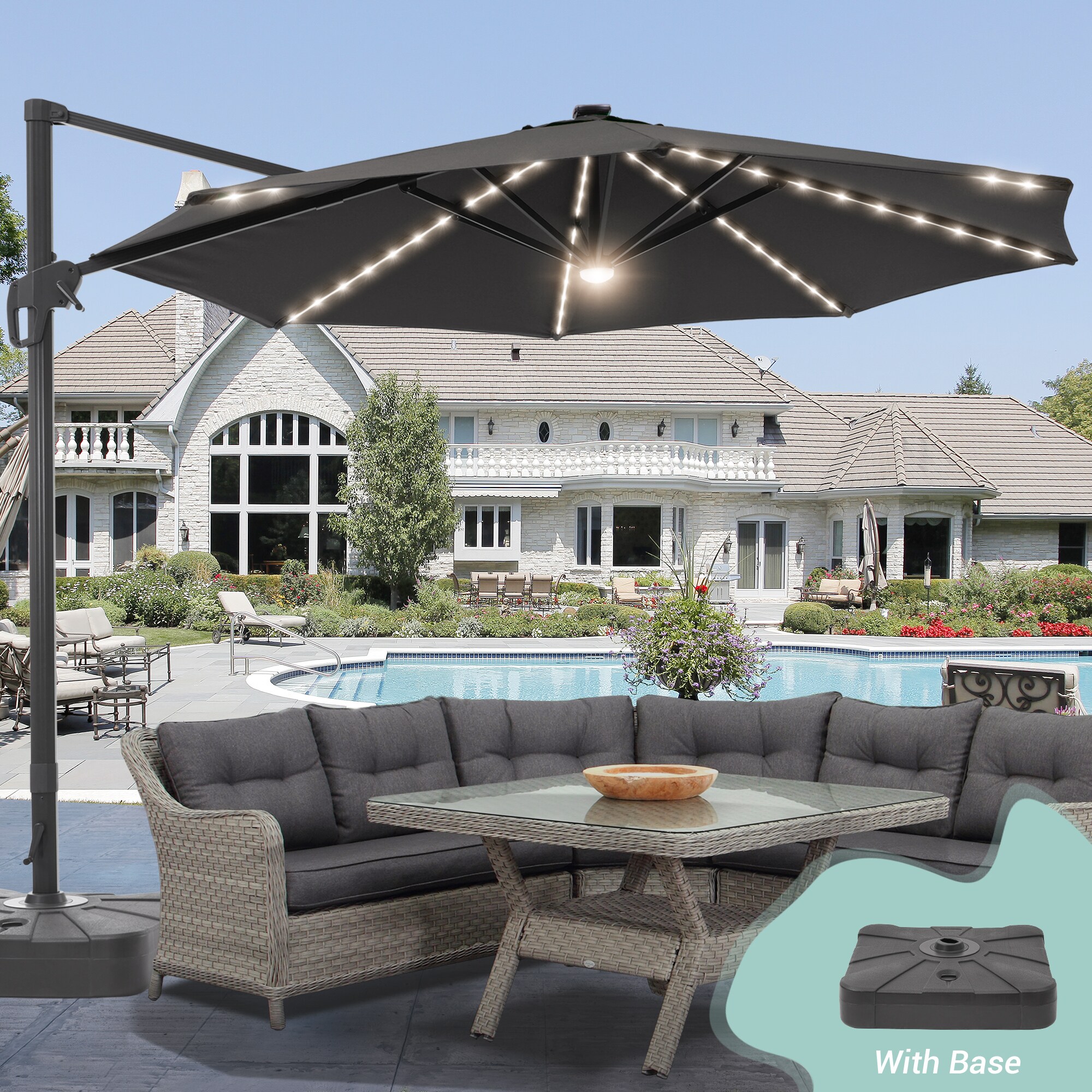 ACEGOSES LW-MCT-JC47BK 11-Feet Aluminum Black No-tilt Cantilever Patio Umbrella with Lights and with Base