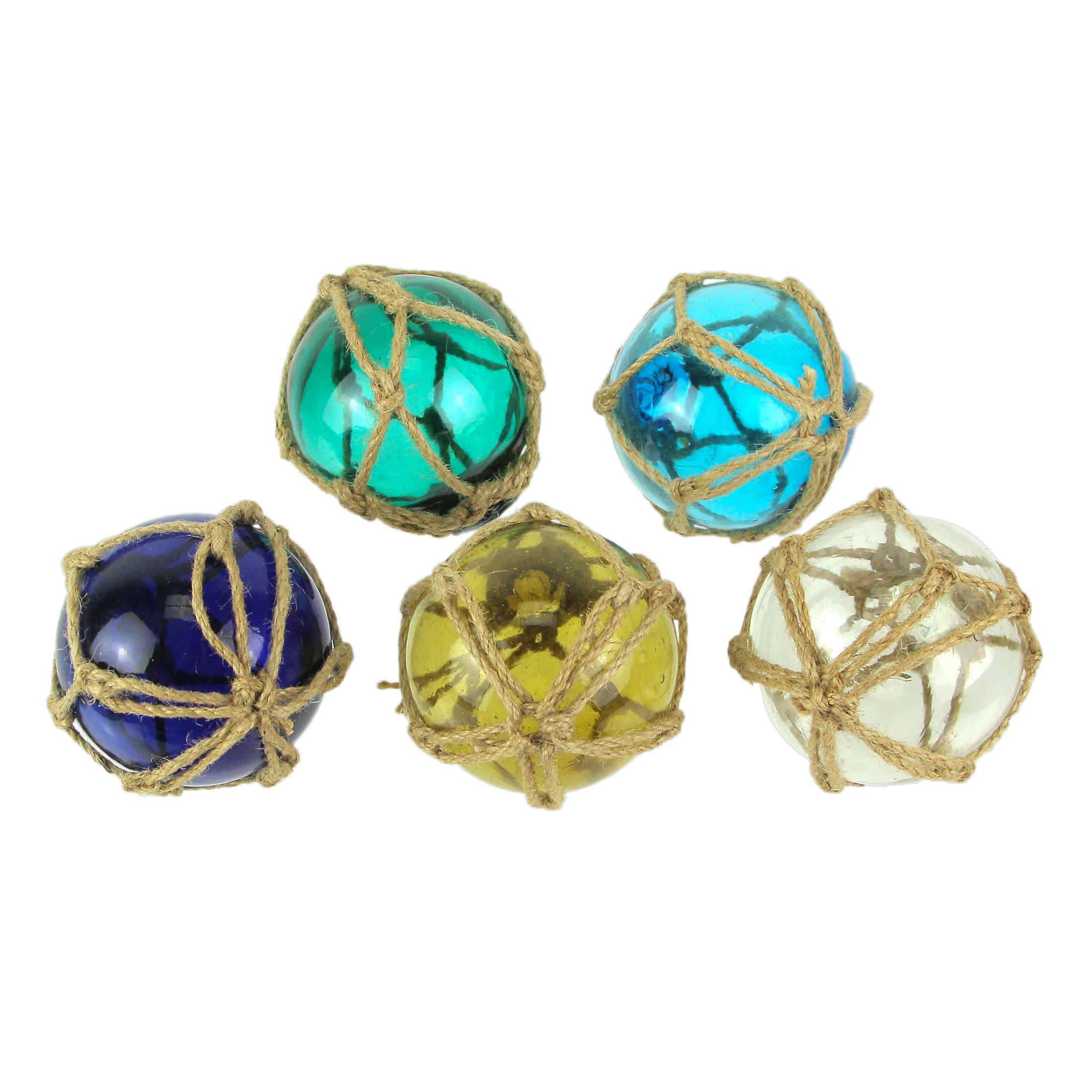 Zeckos ZKO-99201 Set of 5 Coastal-Inspired Replica Glass Fishing Floats with Rope Accents - Charming Nautical Antique-Style Decor Ornaments for Home- 3.5 Inch Diameter