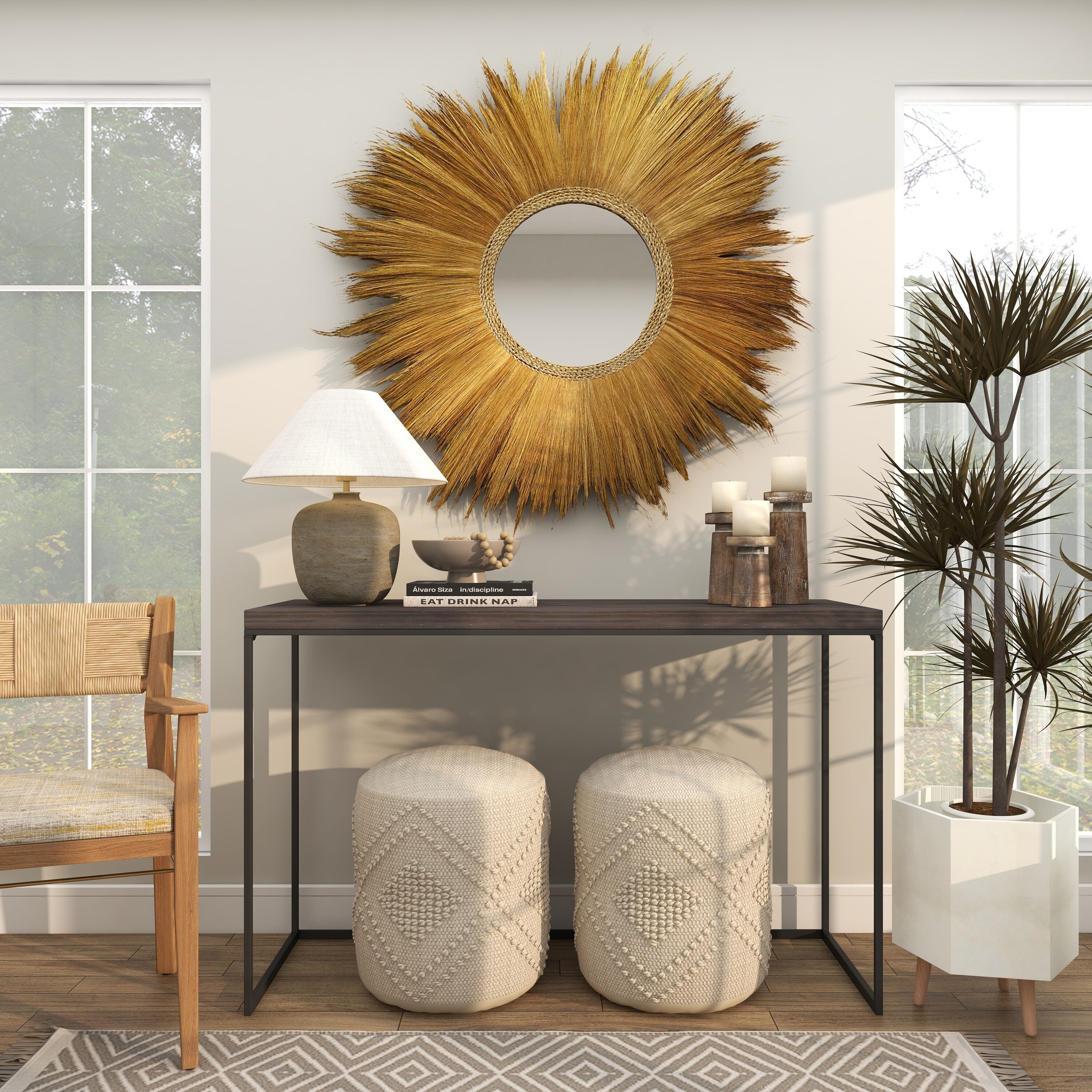 Golden Sunburst Round Decorative Wall Mirror with Grass Trim