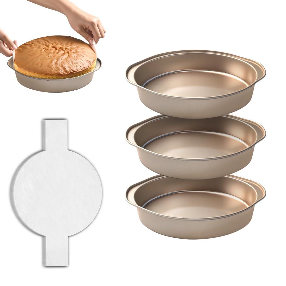 DHMHD  6 Inch Cake Pan Set 3 Pieces Nonstick Round Cake Pans with 50 Pieces Parchment Paper Durable Stainless Steel Baking Pans with Handle for