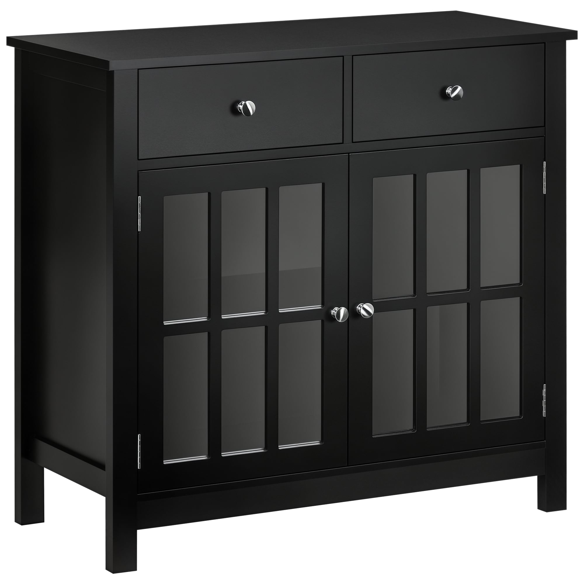HomCom 835-486BK Sideboard Buffet Cabinet Accent Kitchen Cabinet with Glass Doors Adjustable Shelf and 2 Drawers for Kitchen Black