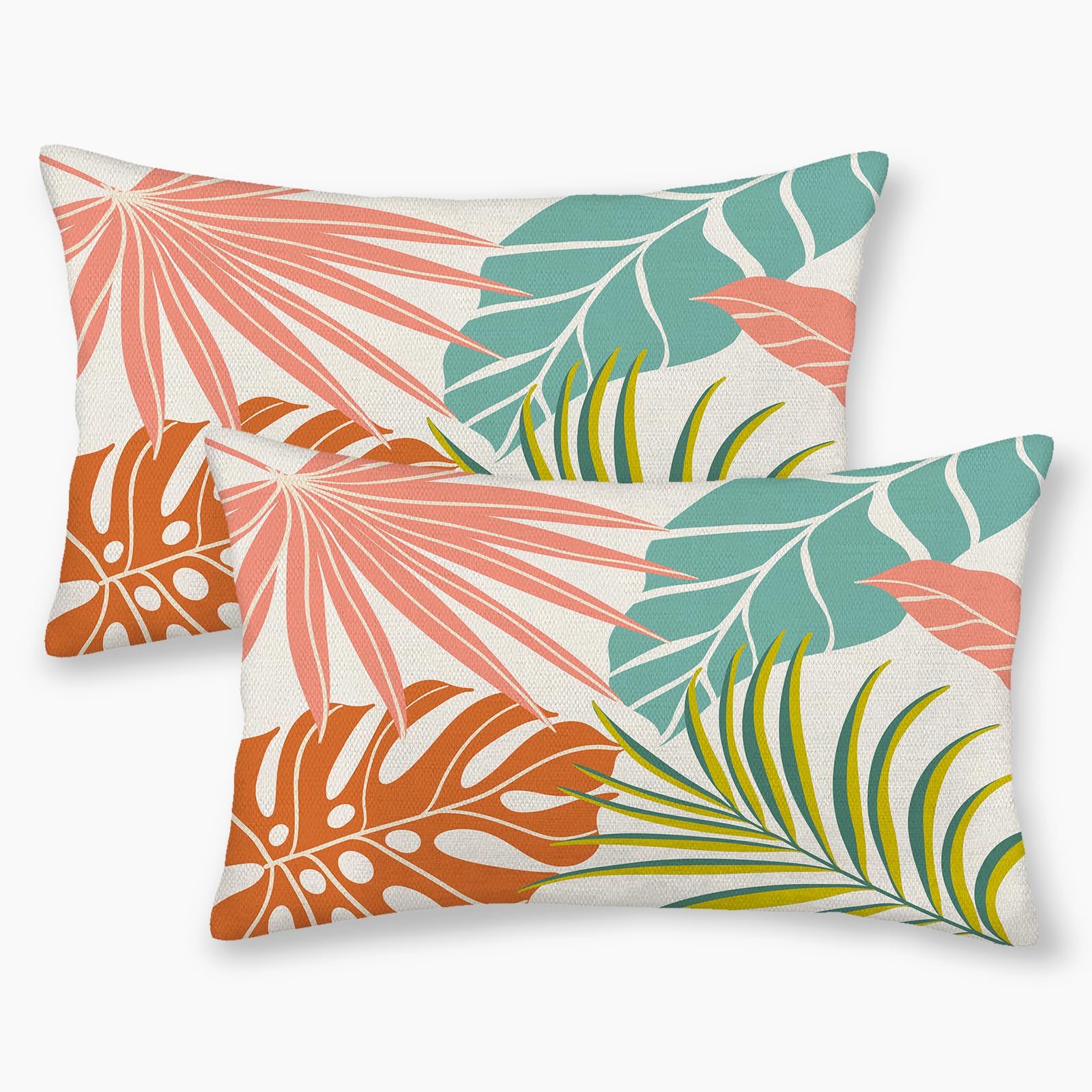 Vrbgify -  Tropical Pillow Covers Set Linen 12x20 Inch Green Orange Monstera Palm Leaf Decorative...