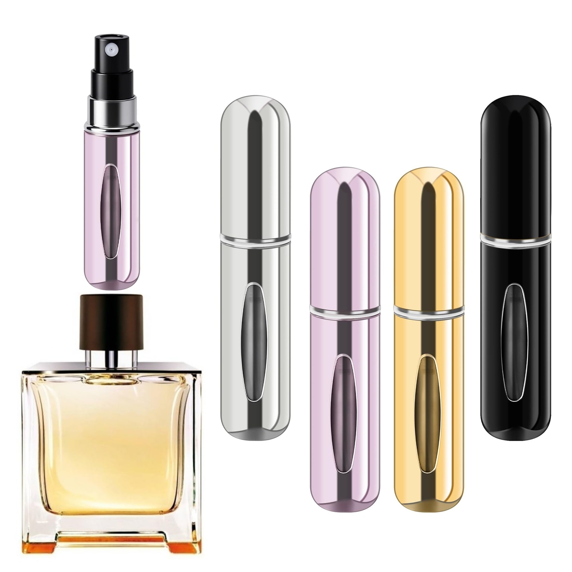 Yichuhaoxi  Refillable Perfume Spray Bottle Set 4 Pack 5ml Portable Travel Atomizer Leak Proof Aluminum Glossy Silver Pink Gold Black Compact