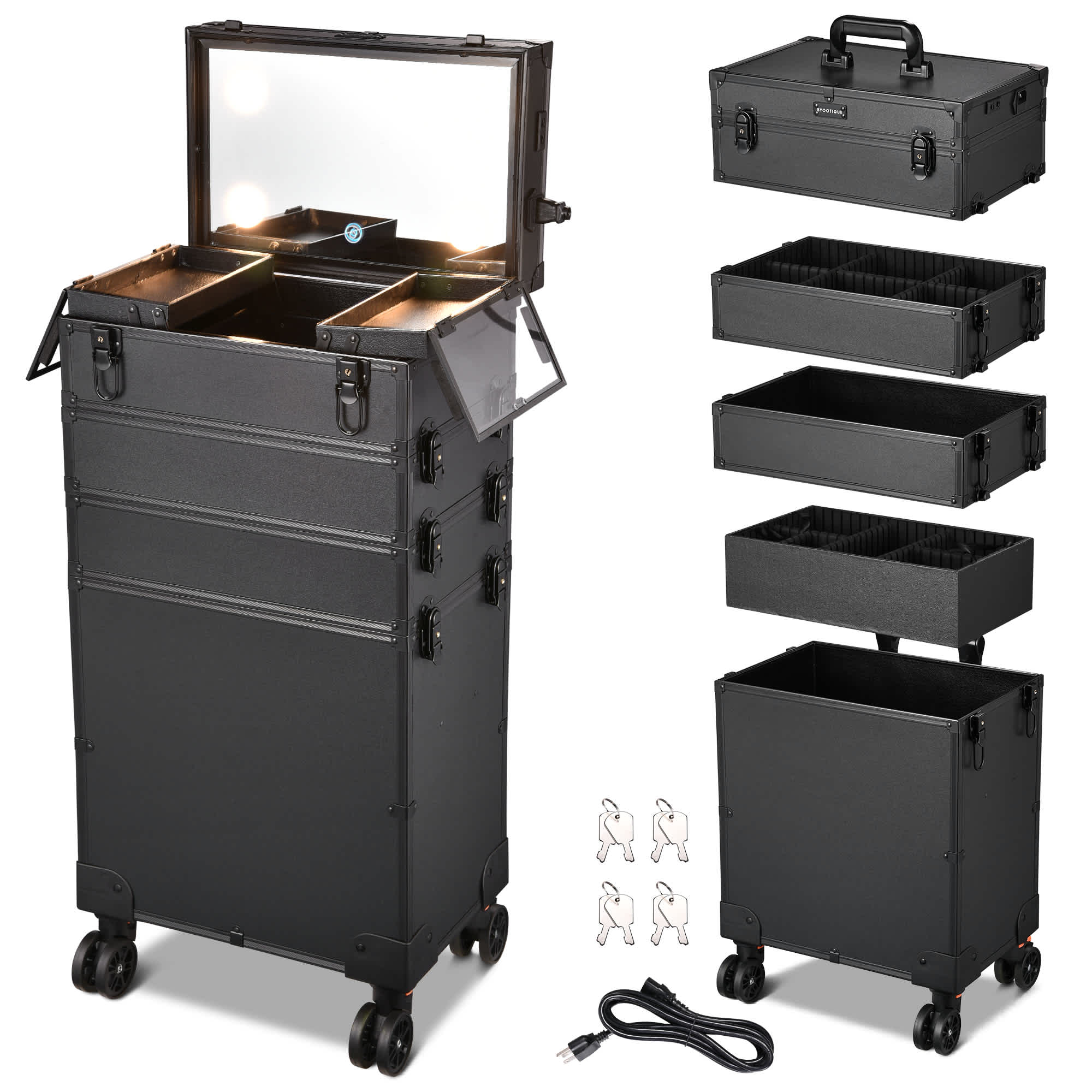 Yescom 12MKC052-C4-LTM-6-LO Byootique 4in1 Rolling Makeup Train Case LED Lighted Mirror Cosmetic Box Storage