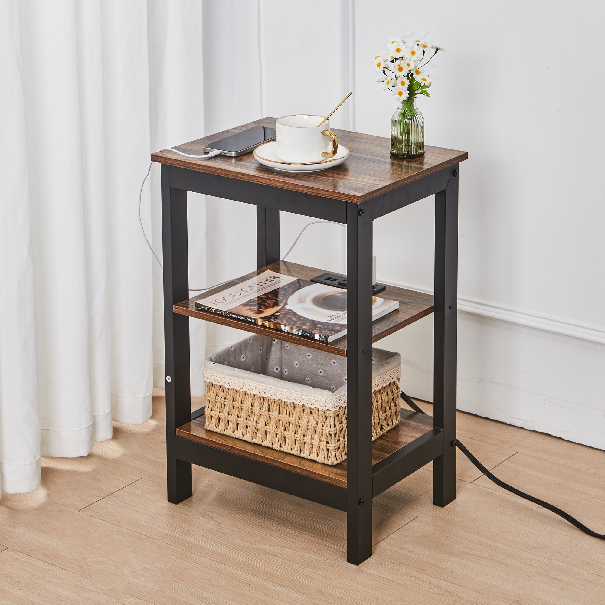 Vecelo LOE-MX-CT06-BRN Modern Nightstand with Charging Station Side End Table with Storage Shelf for Bedroom or Living Room Small Spaces Brown