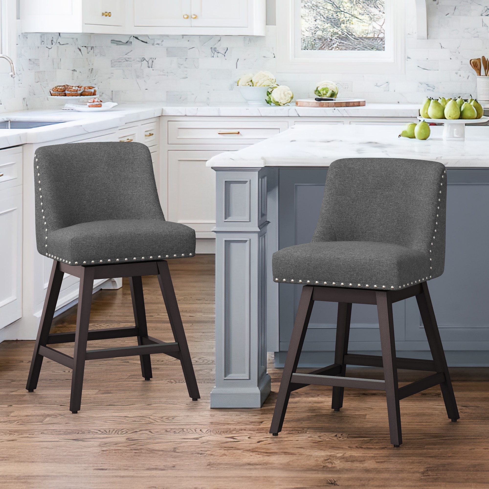 LUE BONA ZY-GR-2 Set of 2 Gray 26-in H Counter height (24-in to 27-in) Square Seat Upholstered Swivel Wood Back Bar Stool Back