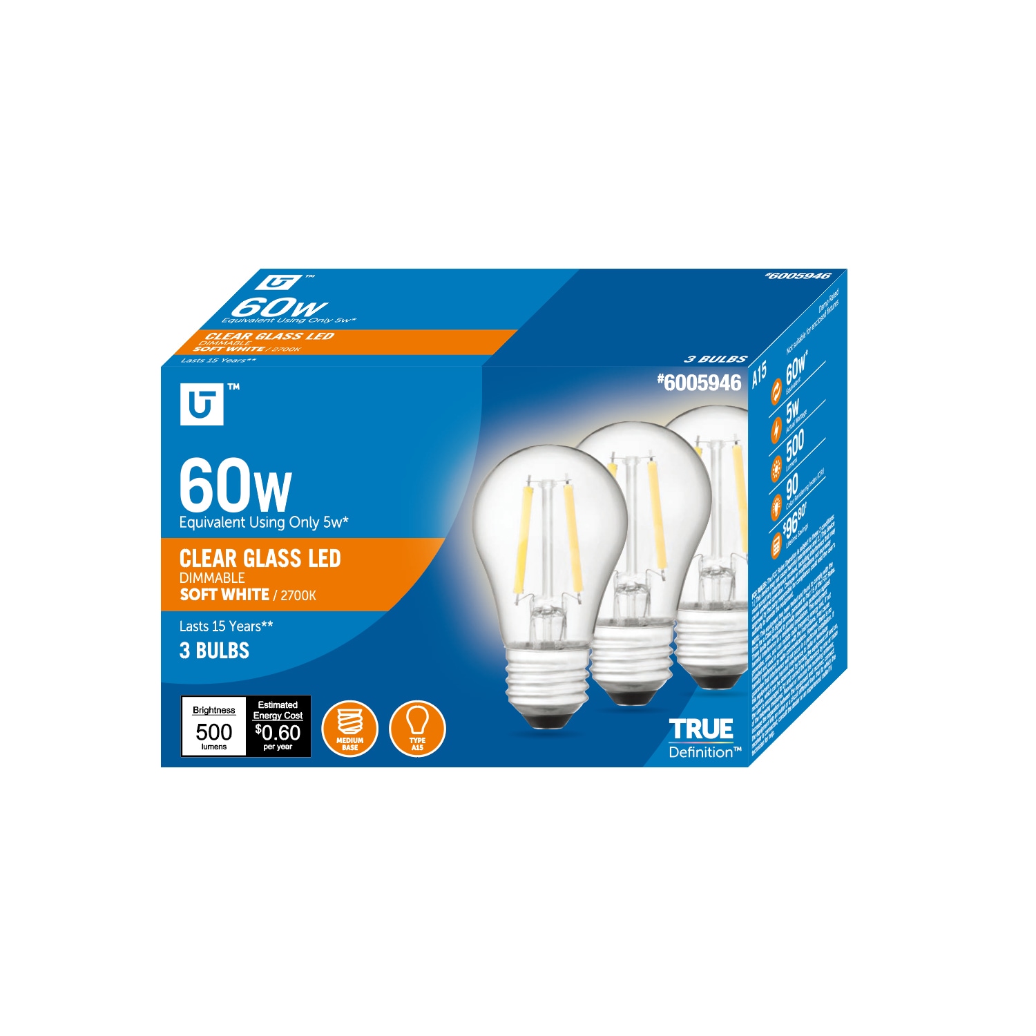 Utilitech 16A08-A15-C-5W-27 60 -Watt EQ A15 Soft white E26 Dimmable LED General purpose Light Bulb 3 -Pack