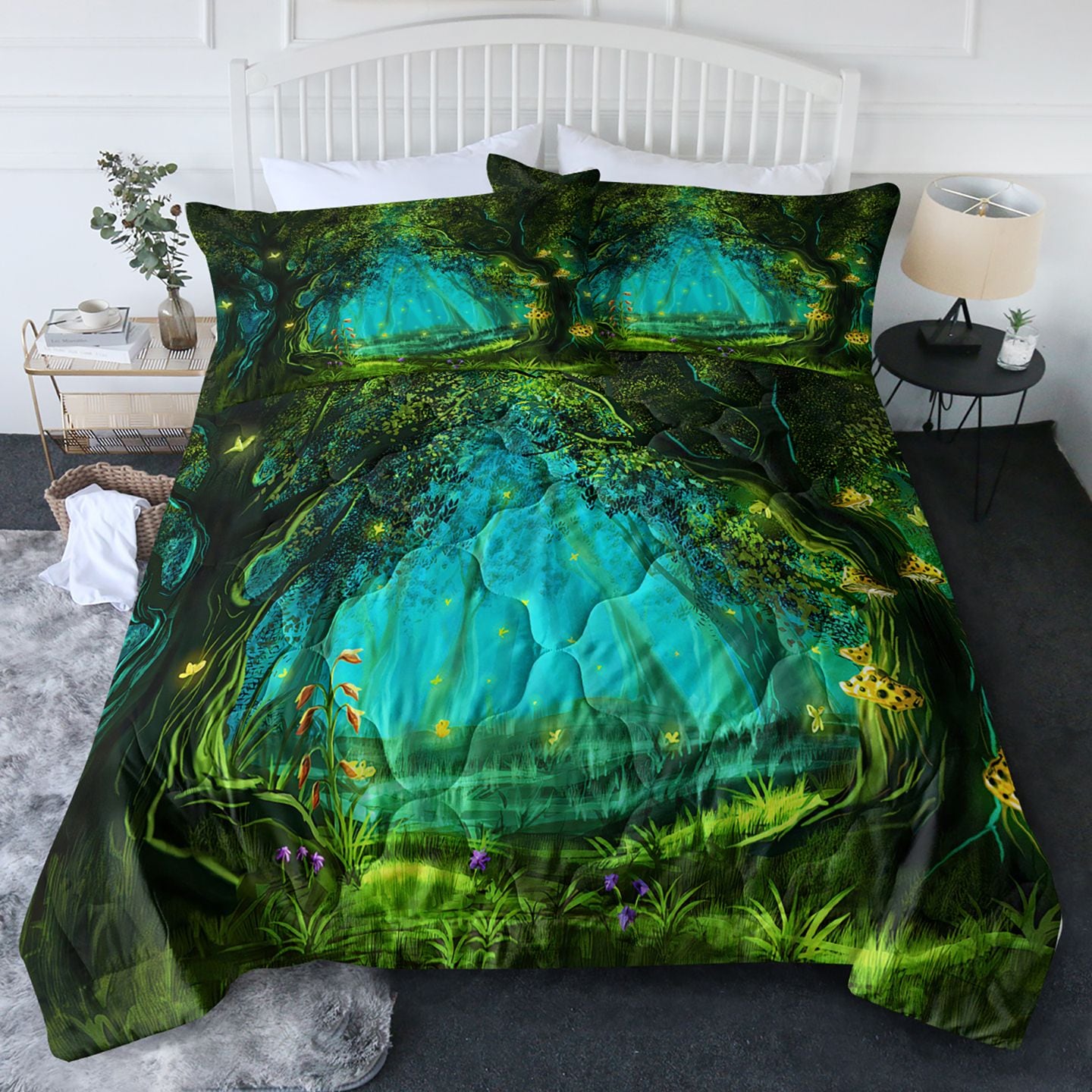 JUSHUA 1 Piece Enchanted Forest Comforter Set features Magical Glowing Fantasy Woodland Bedding Set with Mystical Fairy Tale Forest with Fireflies and Mushrooms Bedspread for Bedroom Decor