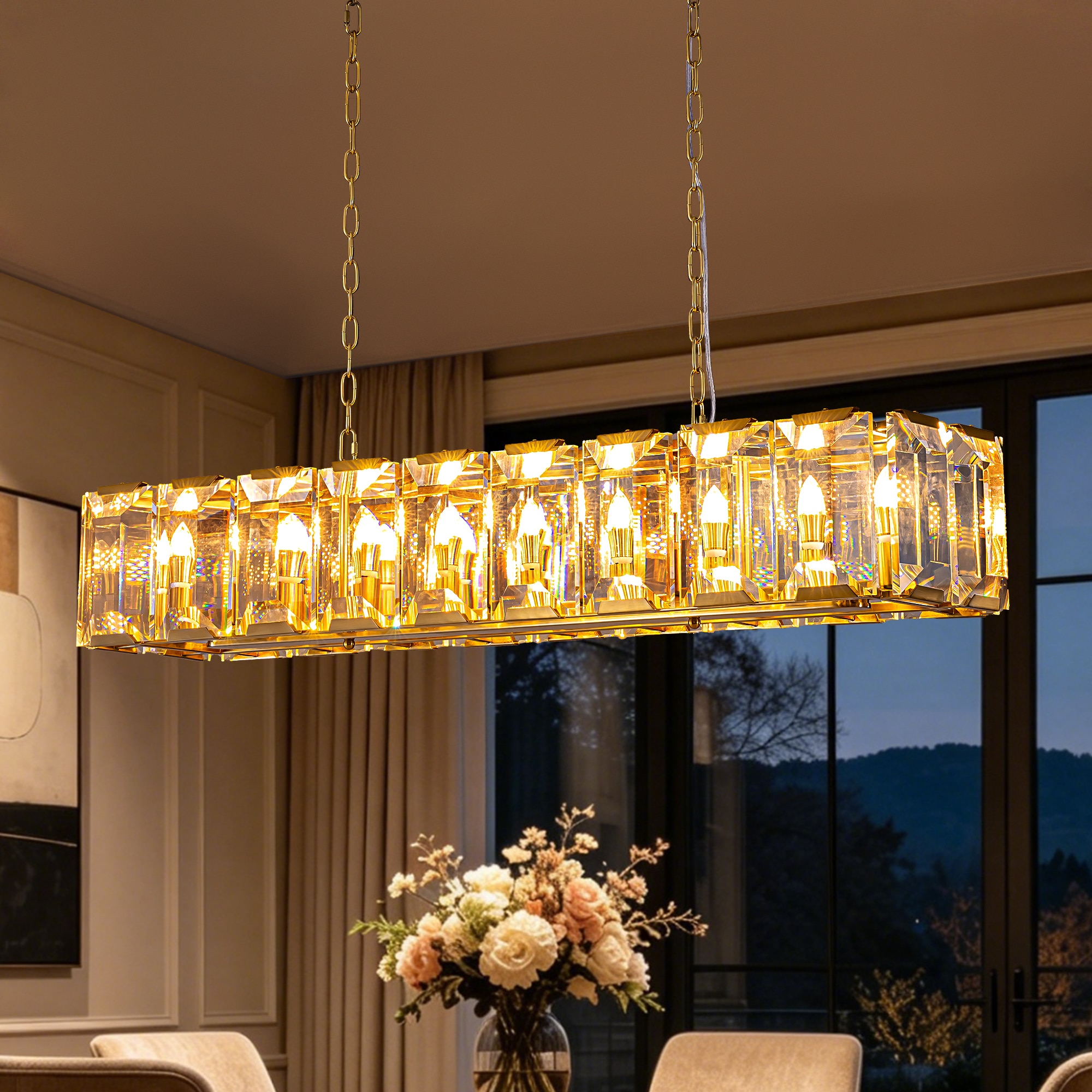 FANNEHONNE 48.4-in 18-Light Modern Luxury Linear Crystal Chandelier With Elegant Gold Frame Inlaid Crystal Rectangular Hanging Light for Living Room Dining Room Kitchen Island