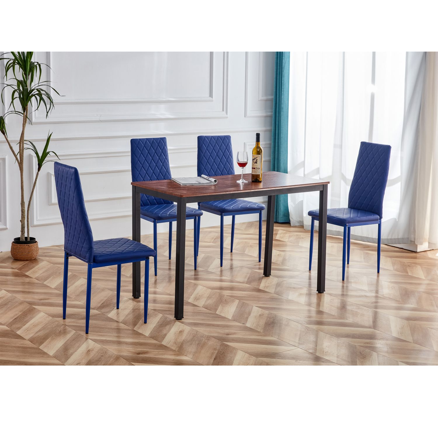 JASMODER W854S00016 Retro Style Dining Table And Chair Hotel Dining Table And Chair Conference Chair Outdoor Activity Chair PU Leather High Elastic Fireproof Sponge Dining Table And Chair 5-Piece Set（Dark Coffee + Blue)