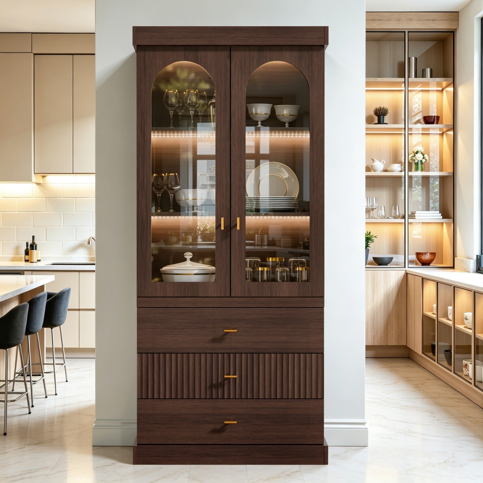 GlasFlength - 71 Inch Tall Display Cabinet with Glass Door Mid Century Modern Cabinet with LED L...