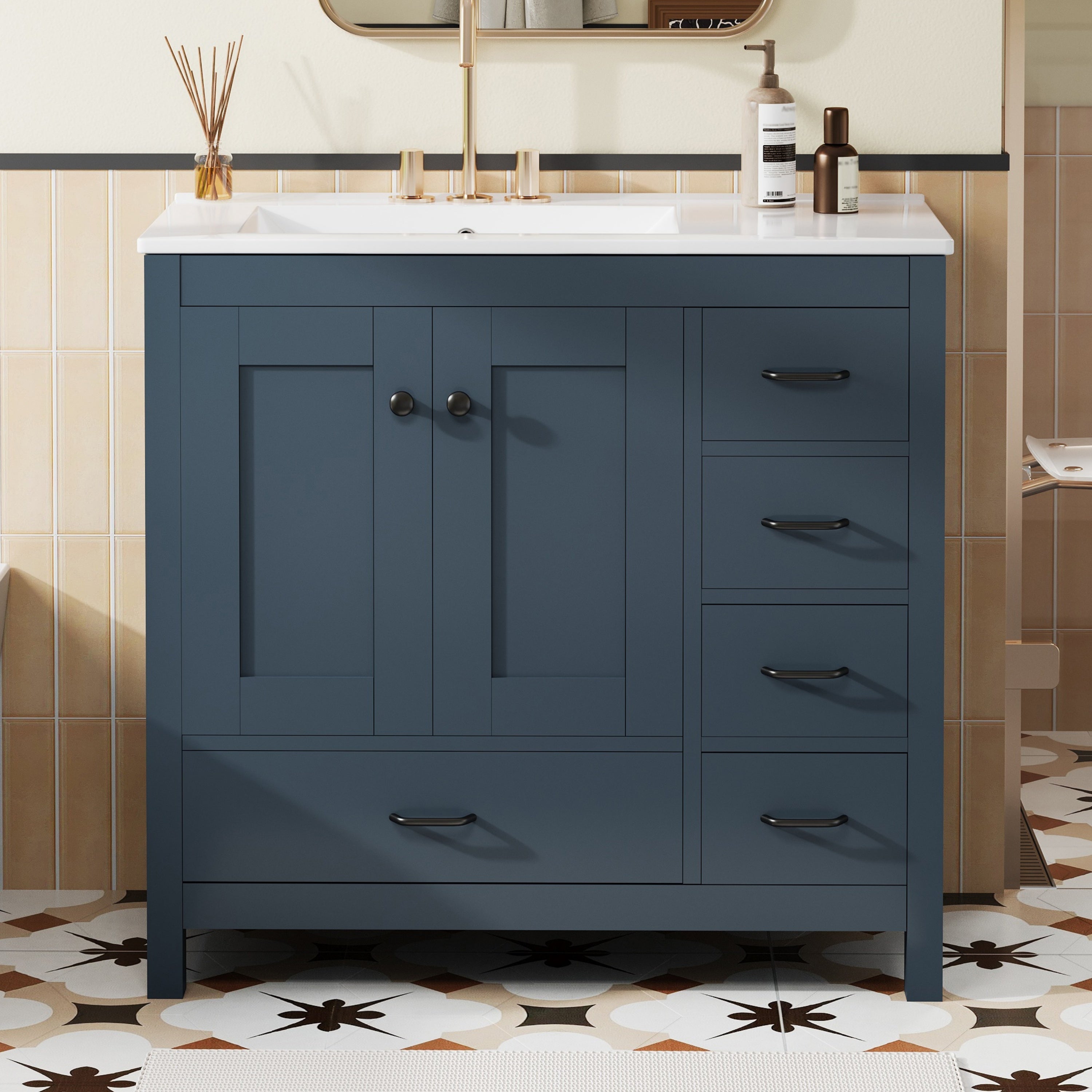 Boyel Living BL-VY-3735C 36 Inch Blue Bathroom Vanity with Ceramic Sink and Solid Wood and MDF and 2 Soft Close Doors and 5 Drawers and Modern Storage Cabinet