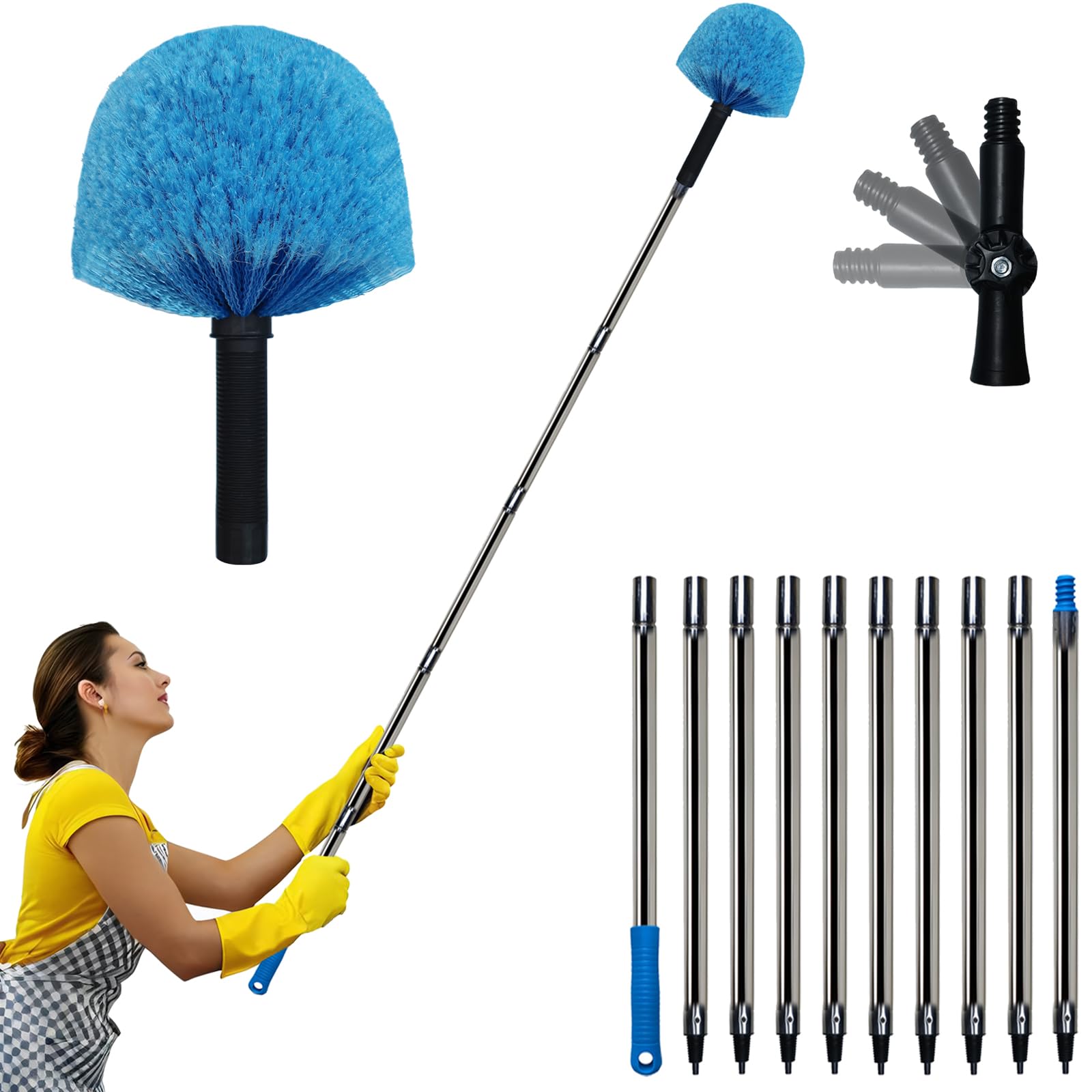 KIWDZFU  12 Ft Cobweb Duster with Extension Pole Medium Stiff Bristles and Universal Joint for Indoor and Outdoor Cleaning