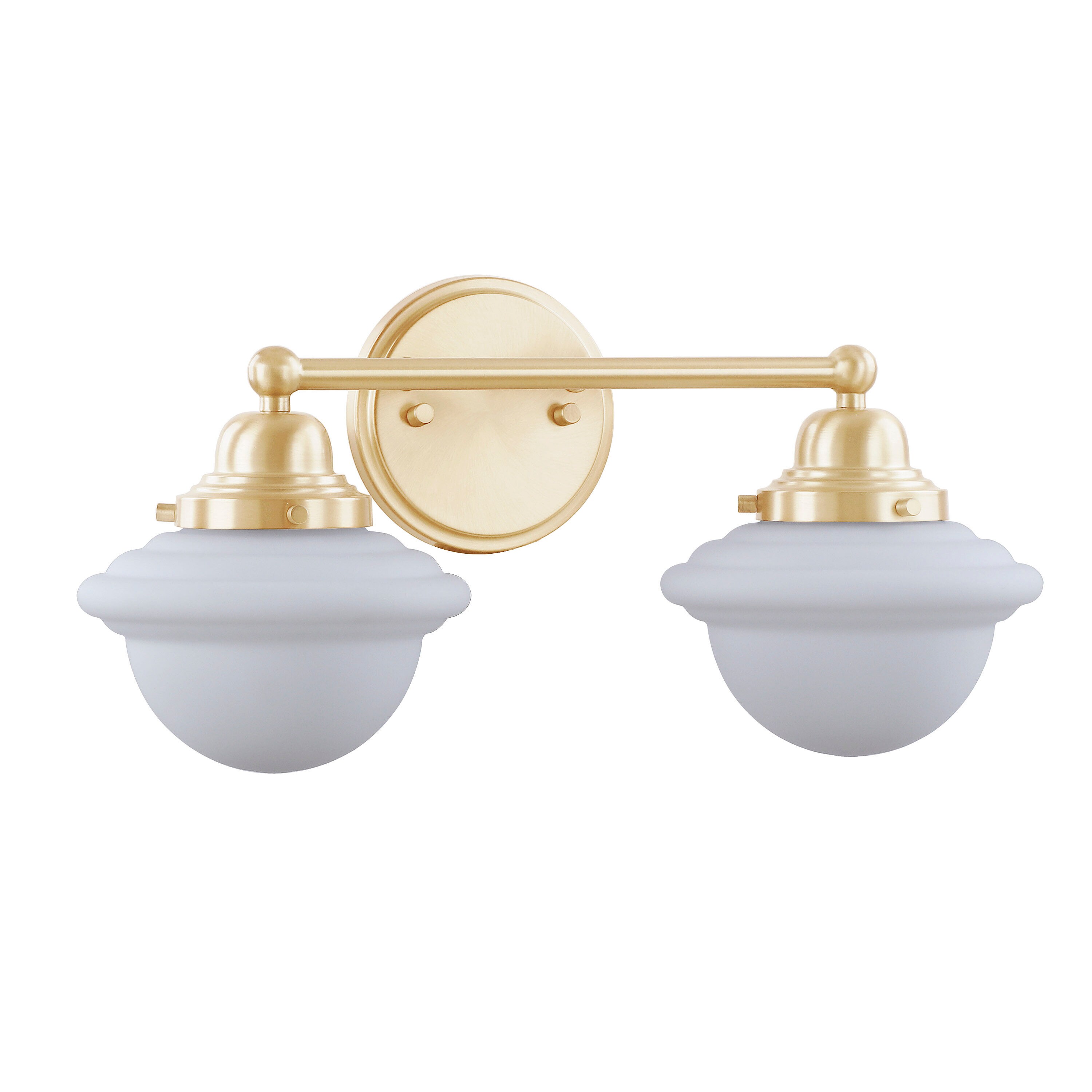 Warm Brass 2-Light Vanity Fixture with White Glass Shades