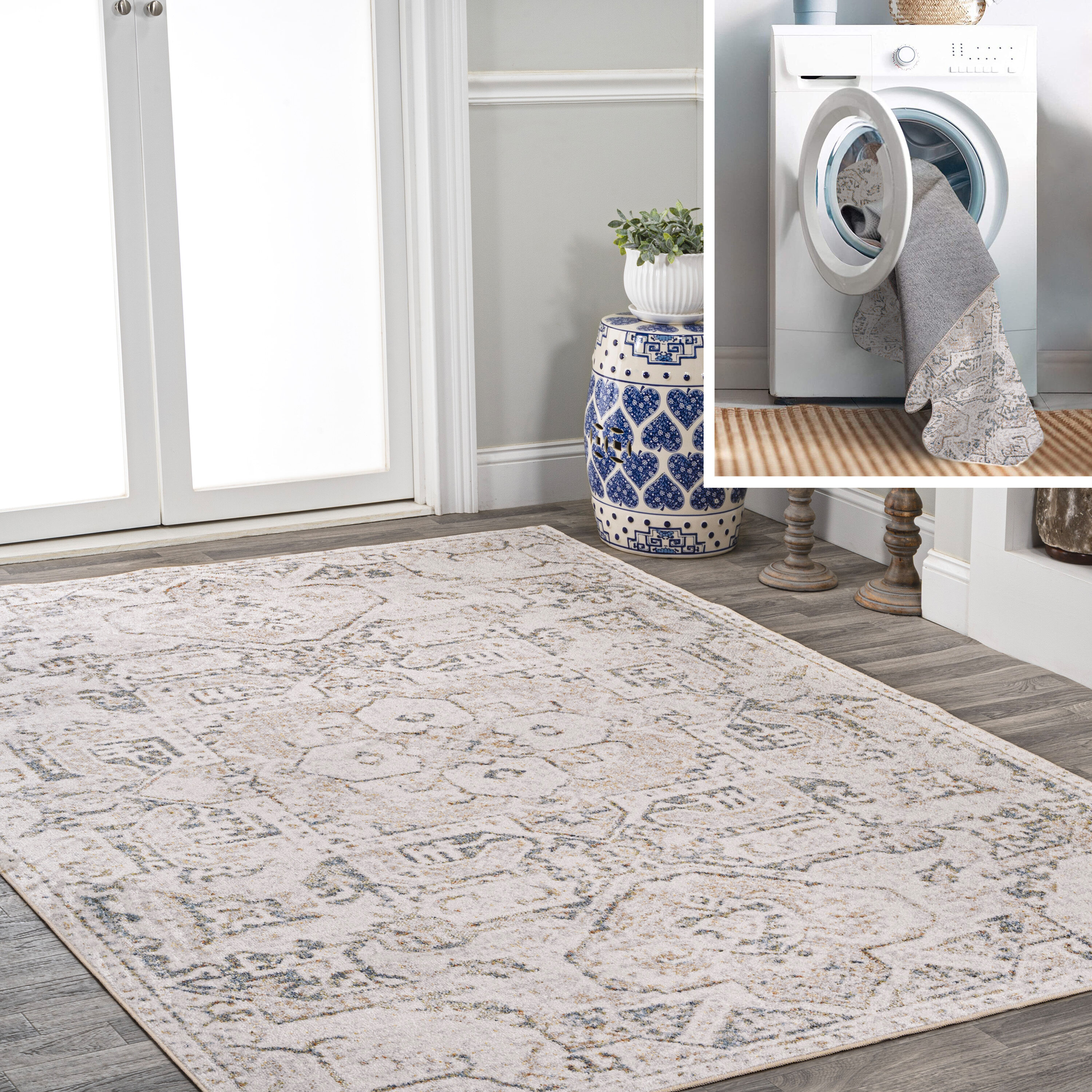 JONATHAN  Y WSH315A-8 WASHABLE Edith Distressed Medallion Low-Pile 8 x 10 (ft) Loomed Polyester Cream/Light Gray Rectangular Indoor Distressed/Overdyed Persian Machine washable Area rug
