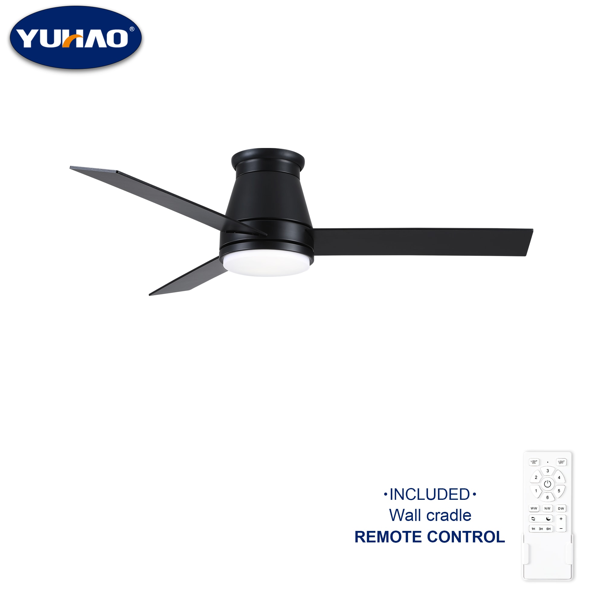 YUHAO LSDC1153BK482 Airedpro 48-in Color-Changing Integrated LED Flush Mount Black with Matte Blades Ceiling Fan With Light and Remote ( 3 -Blade )