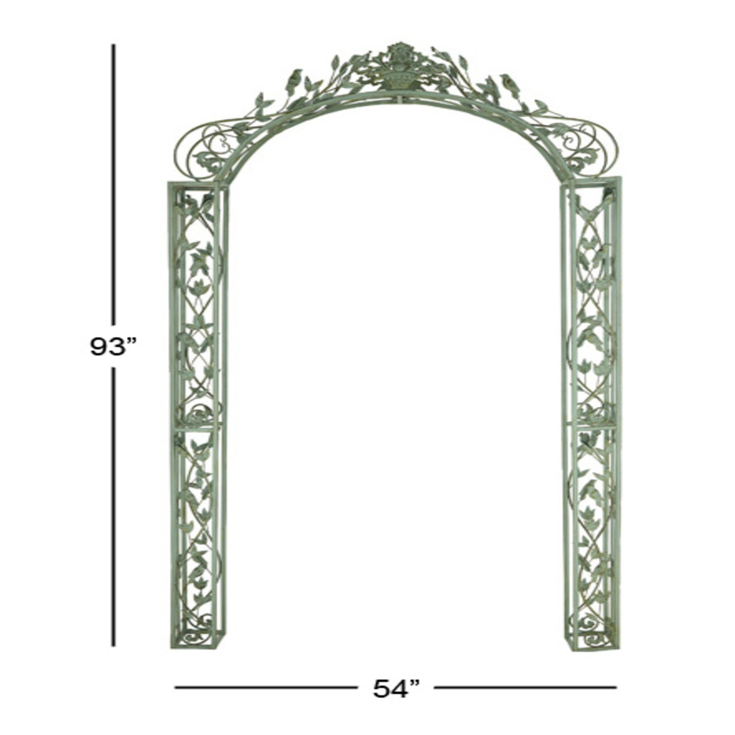 Green Wrought Iron Scrollwork Arched Garden Arbor with Bird Sculptures