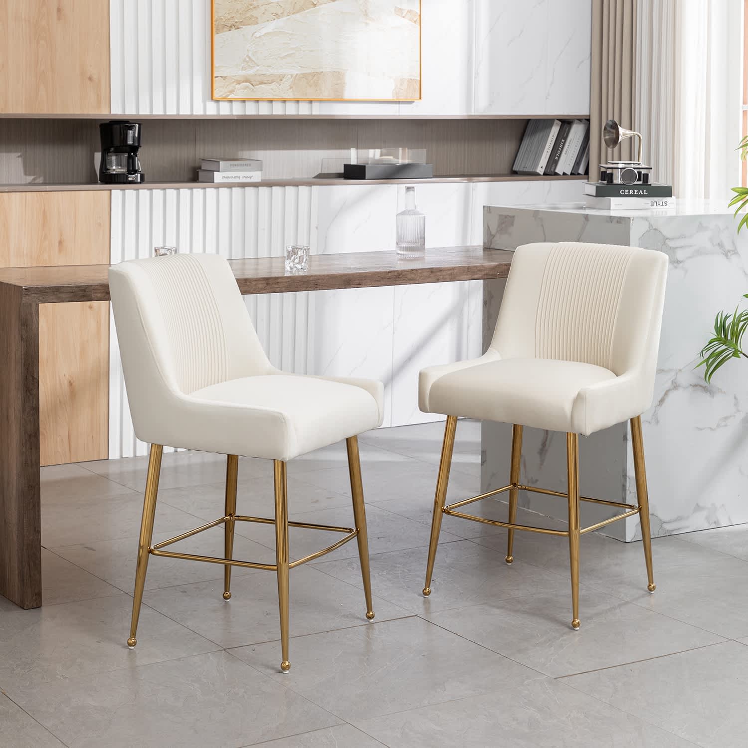 SEYNAR XY650-BEIGE-S2 Modern Velvet 39'' H Metal Leg Counter or Bar Stools Set of 2