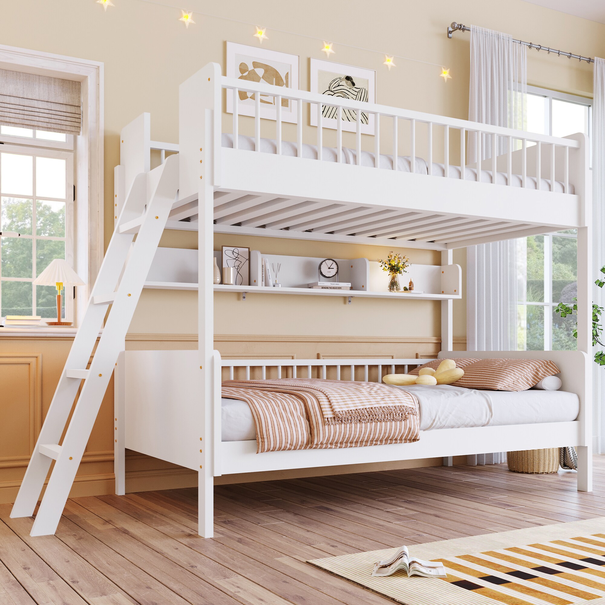 ModernLuxe L3P-N7090002224K Twin Size Wooden Bunk Bed with 3 Storage ShelvesLadder can be Changed Left or RightWhite