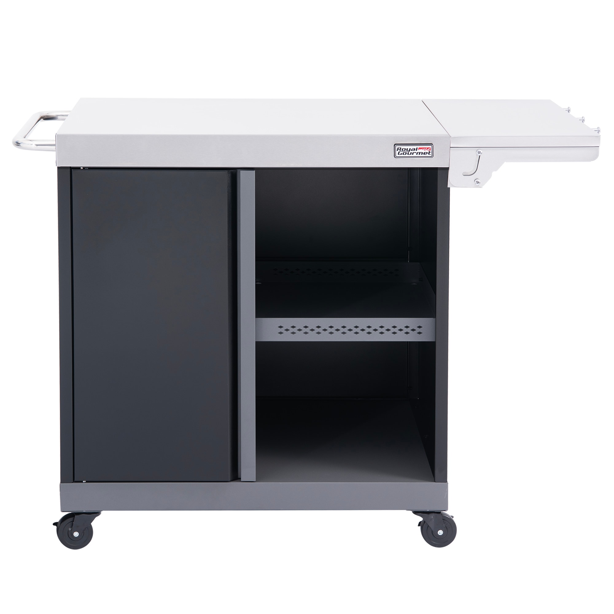 Royal Gourmet PC3201S Movable Storage Cabinet Island Cart with Foldable Side Shelf Black Silver Steel Outdoor Serving Cart
