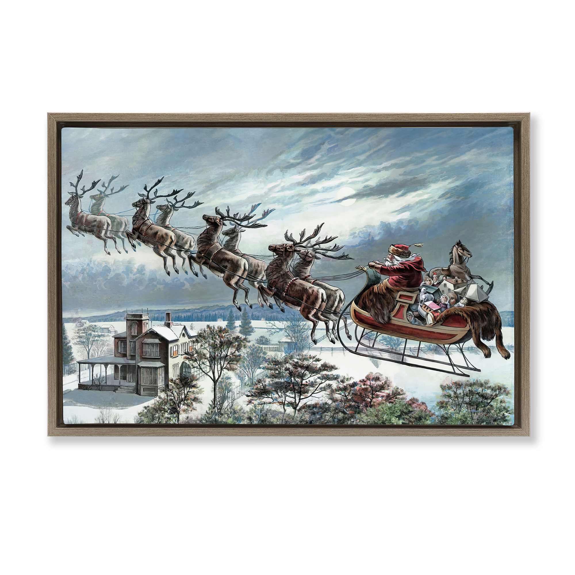 Stupell Industries BT-929-FFE-16X24 Santa's Sleigh over Town Brown Framed Floater Canvas Wall Art By Arlington Prints 25 x 17