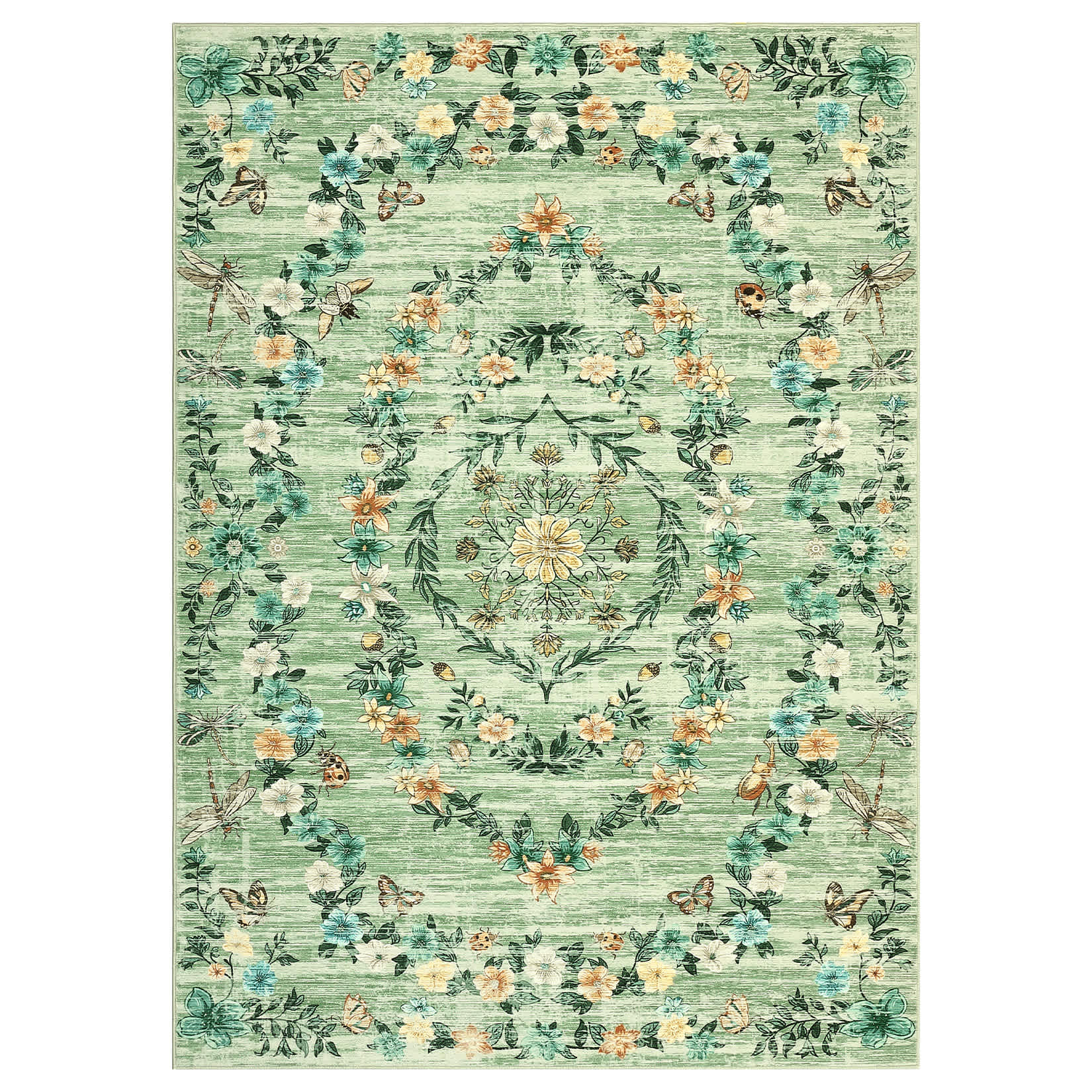 Qeetex LSN-PHK-34BNLMDL 8 x 10 ft Polyester Brown Rectangular Hallway Bathroom Entryway Kitchen Office Foldable Flower Printed Washable Area Rug