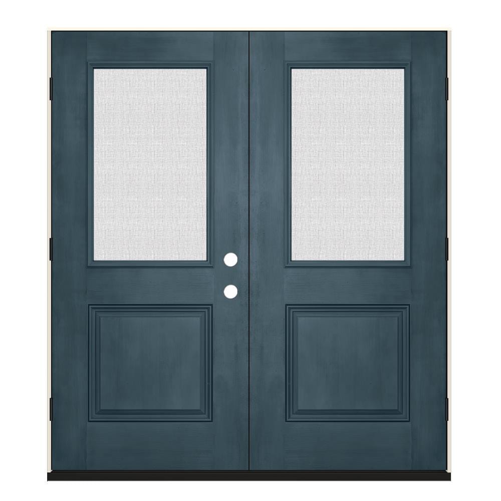 JELD-WEN LOWOLJW231800034 64-in x 80-in x 4-9/16-in Fiberglass Half lite Right-hand outswing Denim Stained Prehung Double Front Door Insulating core