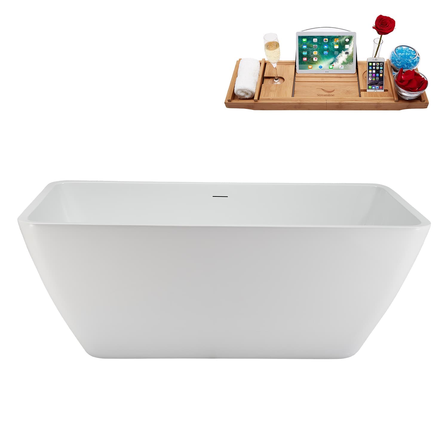 Streamline - 59 inch  Soaking Glossy White Freestanding Tub and Tray With Internal Drain in Polis...
