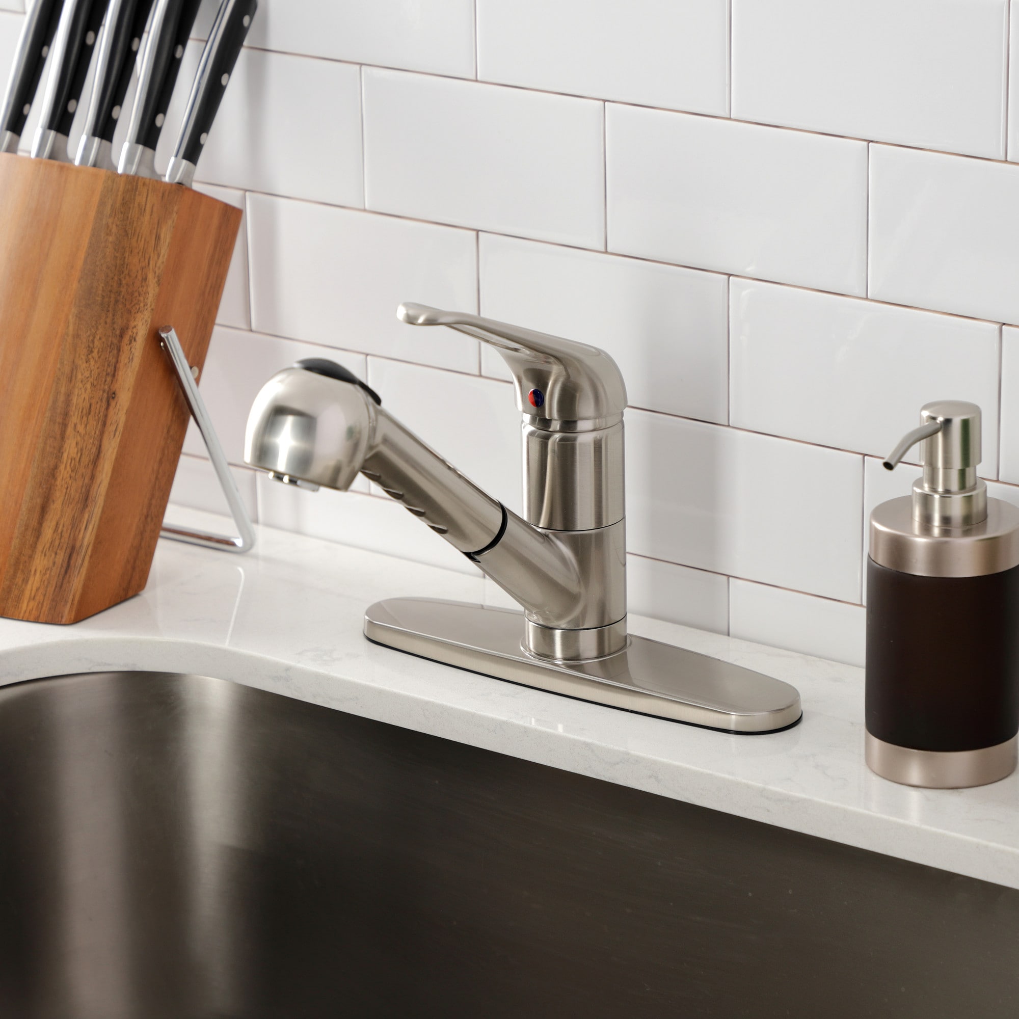 Elements of Design ES888SN Daytona Satin nickel Single Handle Deck-mount Pull-out Kitchen Faucet with Sprayer ( Deck Plate Included )