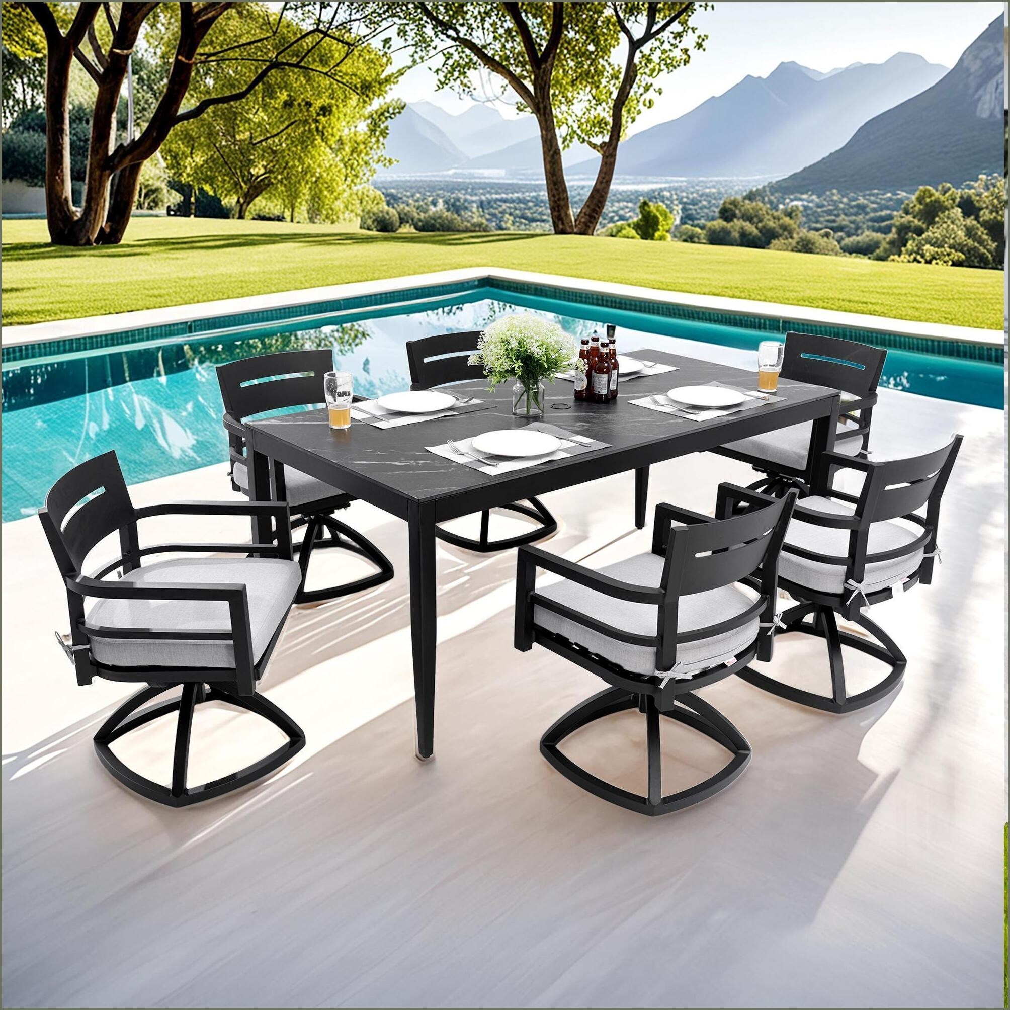 Watnature Patio Sets7 Piece Modern Aluminum Dining Set with Black Marble Look Top  n  amp6 Swivel Rockers  Ember Black Frame  Sintered Stone