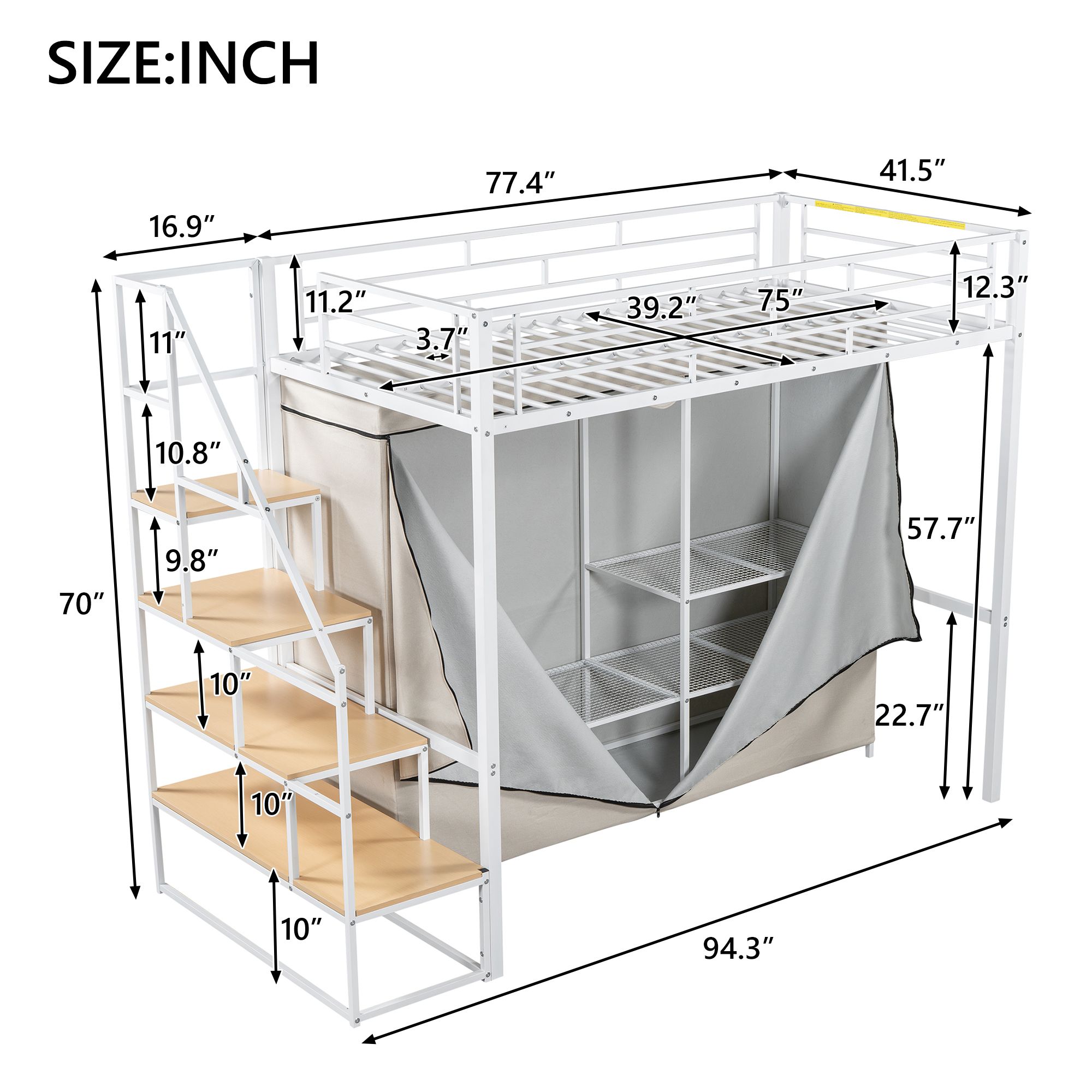 Dimensional diagram showing measurements of the loft bed in inches