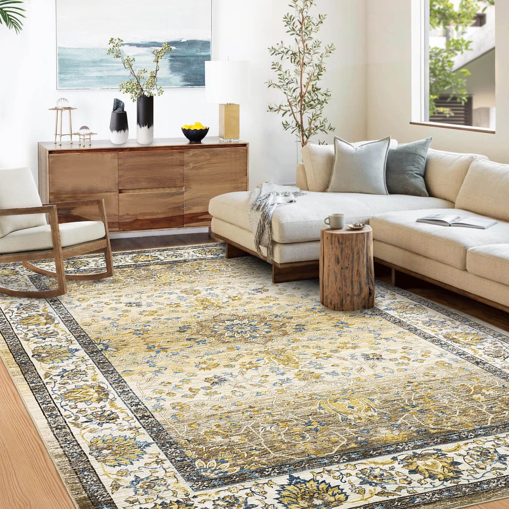 Garvee YXY-LO-PHO-15JULPJS 8 x 10 (ft) Loomed Polyester Yellow Rectangular Indoor Floral/Botanical Vintage Machine washable Area rug