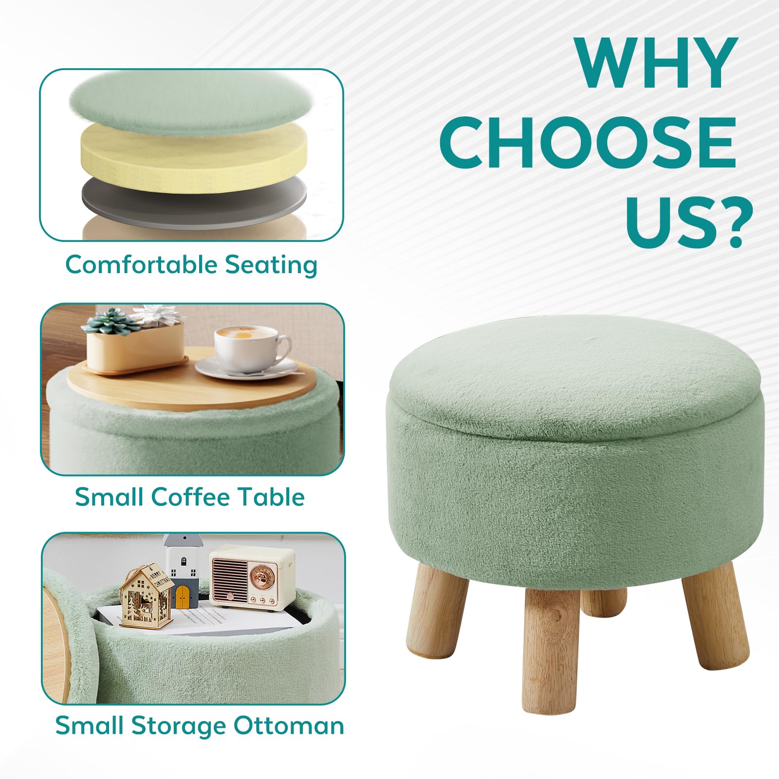 OMOMMD Light Green Small Foot Stool Ottoman With Storage Faux Leather ...