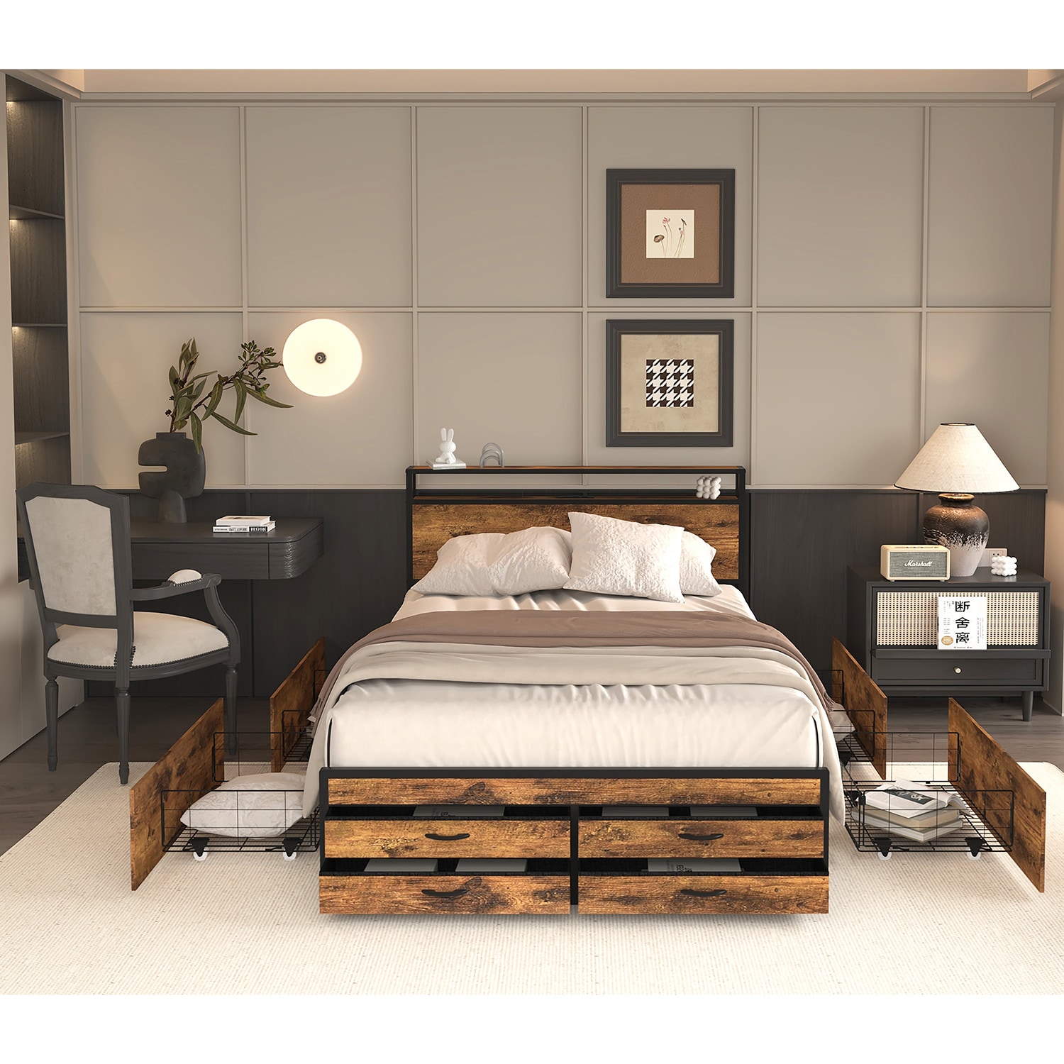 GZMR GZ-LF5108E Full Size Bed Frame with 8 Storage Drawers Black+Brown Full Metal Bed frame Bed with Storage