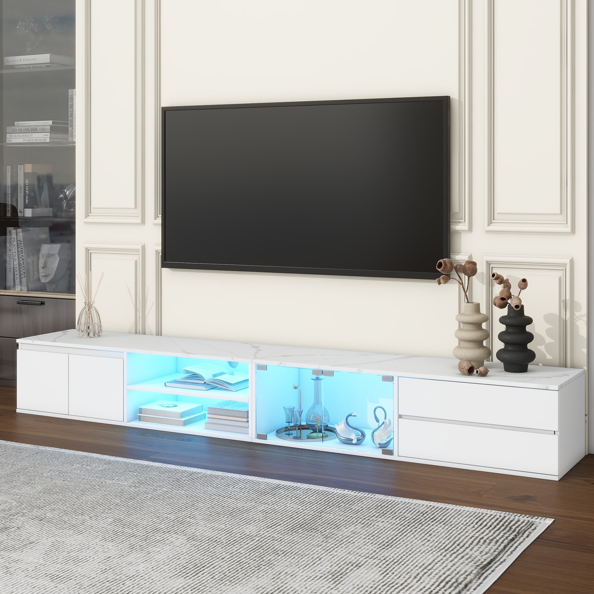 LOVMOR SF-H-N721P171537K Modern APP Controlled LED TV Stand for TVs Up to 105in Faux Marble Tabletop Media Console with Tempered Glass Doors Entertainment Center with 2 Drawers and Cabinets for Living Room White