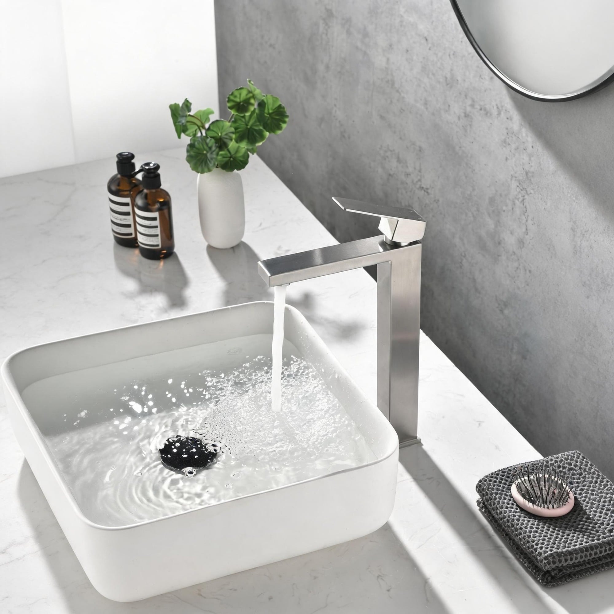 IAK - Brushed Nickel Single Handle Bathroom Sink Faucet with Stainless Steel Construction and Wat...