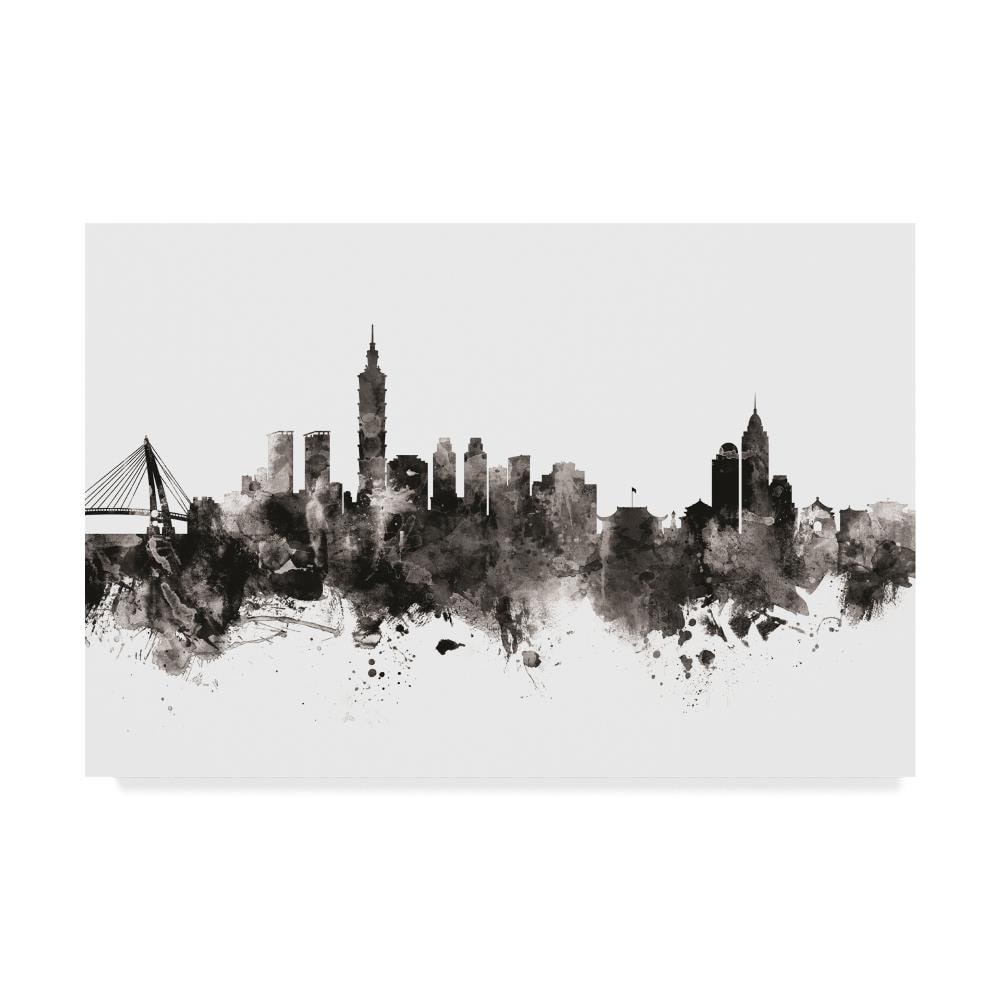 Trademark Fine Art MT01823-C3047GG Taipei Taiwan Skyline Black White Michael Tompsett Natural Wood Wood Framed 30-Inches H x 47-Inches W Cityscape Canvas Print